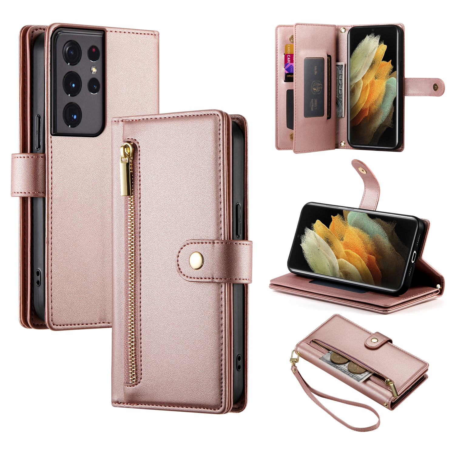 For Samsung Galaxy S21 Ultra 5G Nine Card-slot Zipper Wallet Bag Leather Phone Case(Pink) For Samsung Galaxy S21 Ultra 5G Nine Card-slot Zipper Wallet Bag Leather Phone Case(Pink)