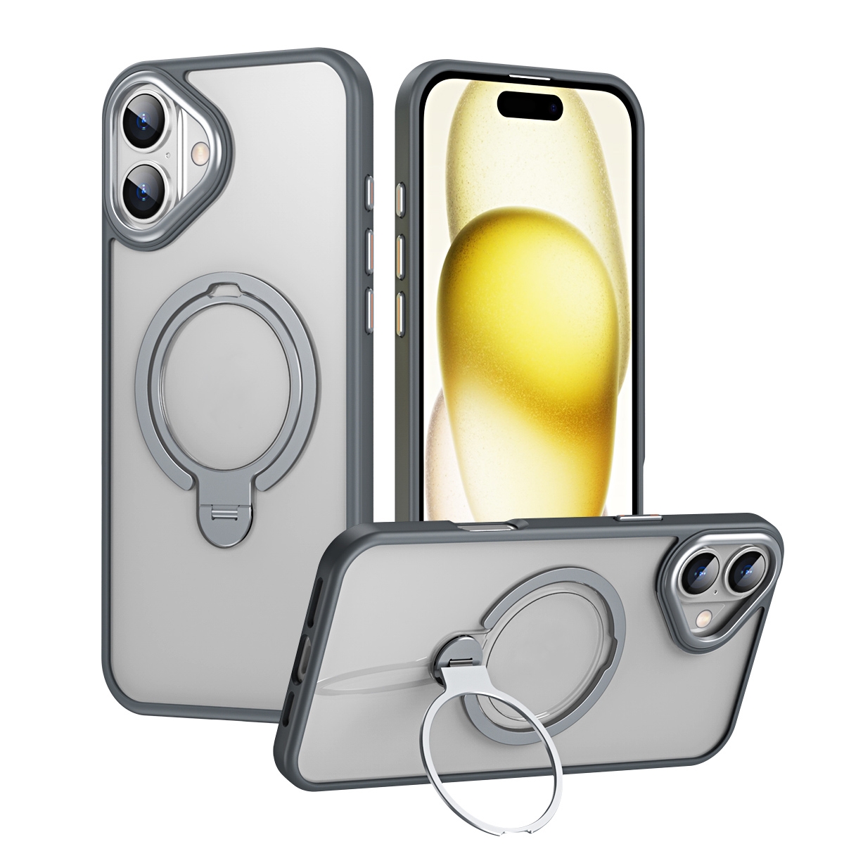 For iPhone 16 Double Ring MagSafe Magnetic Holder Phone Case(Matte Grey) For iPhone 16 Double Ring MagSafe Magnetic Holder Phone Case(Matte Grey)