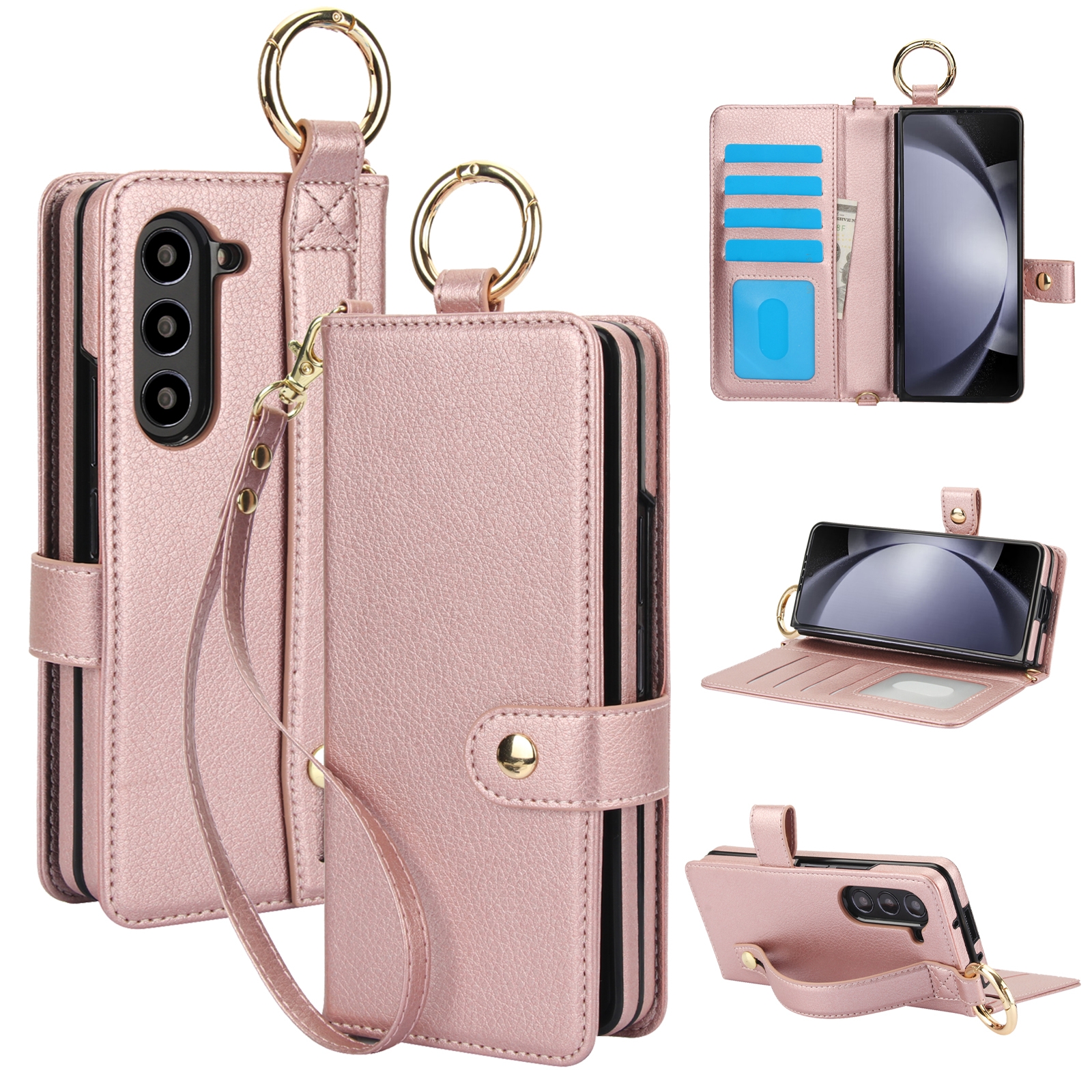 For Samsung Galaxy Z Fold5 Solid Color Wristband Ring RFID Leather Phone Case with Lanyard(Rose Gold) For Samsung Galaxy Z Fold5 Solid Color Wristband Ring RFID Leather Phone Case with Lanyard(Rose Gold)