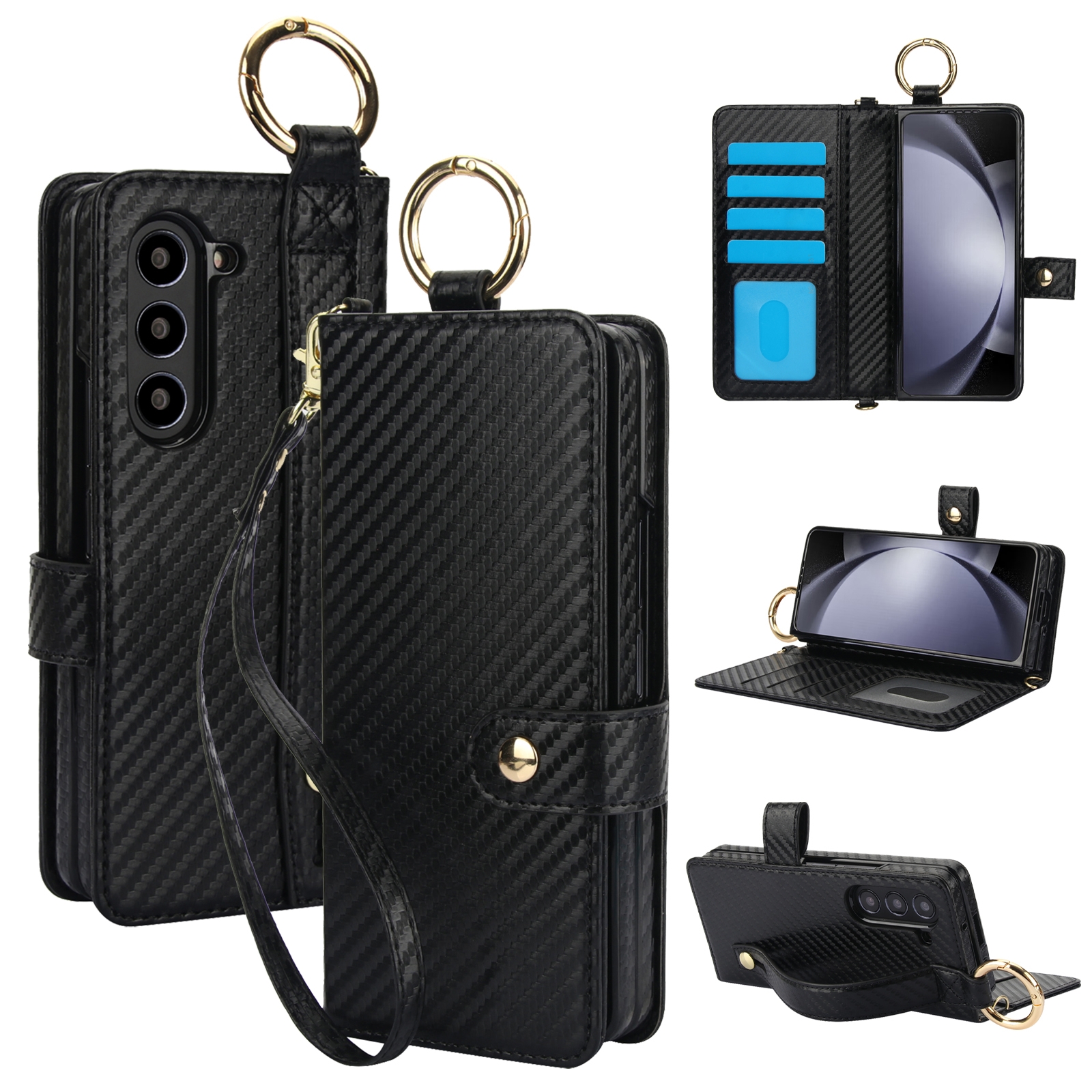 For Samsung Galaxy Z Fold6 Solid Color Wristband Ring RFID Leather Phone Case with Lanyard(Carbon Fiber Black) For Samsung Galaxy Z Fold6 Solid Color Wristband Ring RFID Leather Phone Case with Lanyard(Carbon Fiber Black)