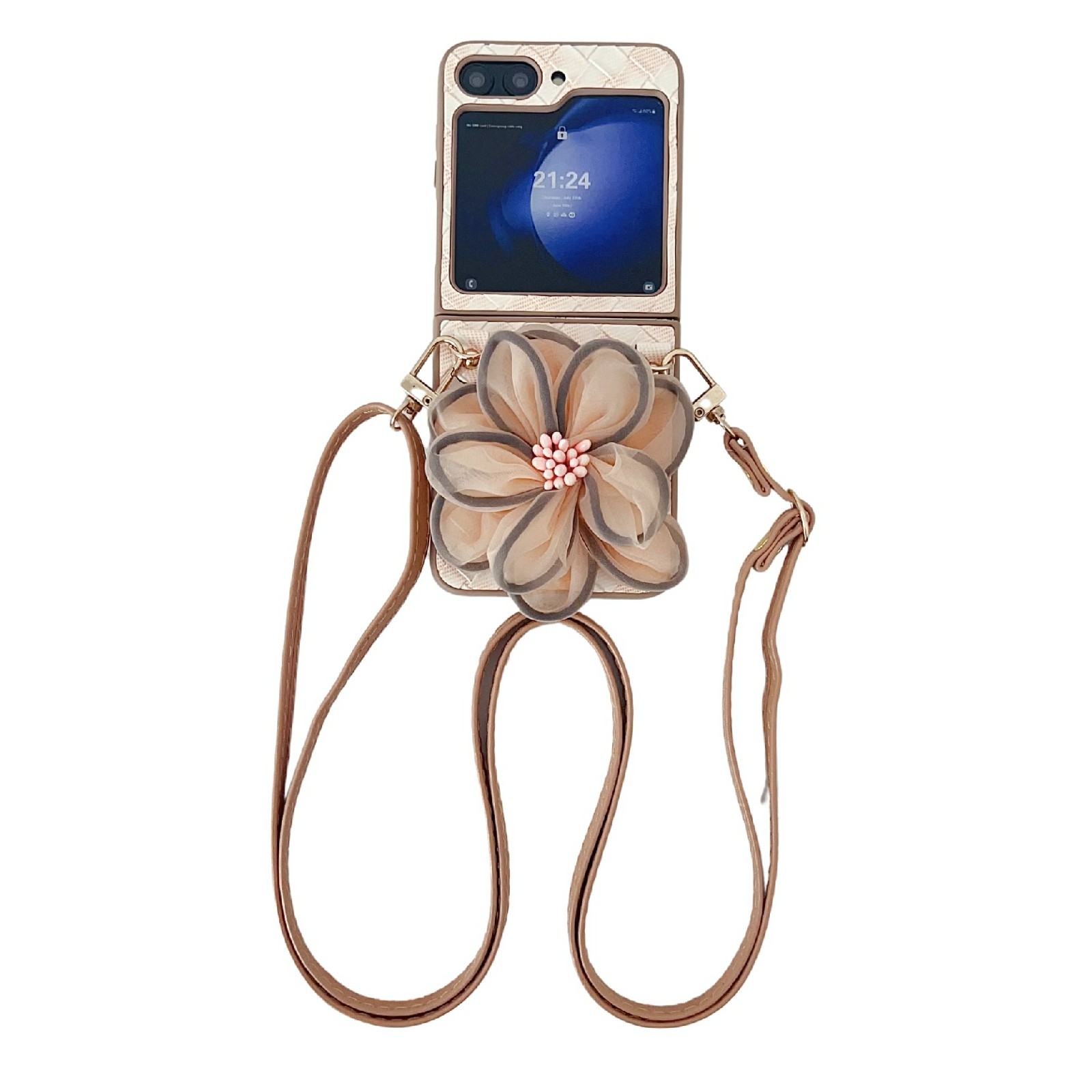 For Samsung Galaxy Z Flip5 Colorful Woven Pattern 3D Yarn Flower Phone Case with Lanyard(Orange) For Samsung Galaxy Z Flip5 Colorful Woven Pattern 3D Yarn Flower Phone Case with Lanyard(Orange)
