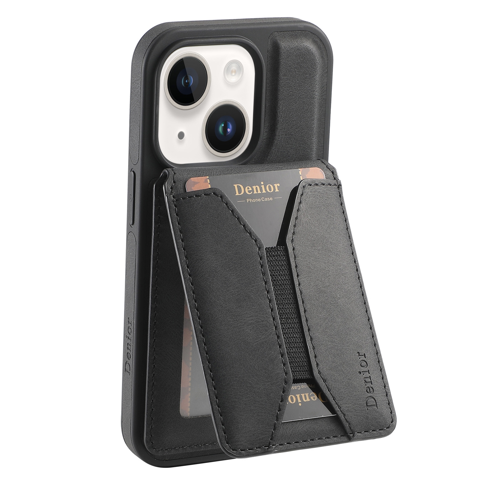 For iPhone 15 Plus / 14 Plus Denior D18 Skin Feel Rotating Holder MagSafe Detachable Card Slot Phone Case(Black) For iPhone 15 Plus / 14 Plus Denior D18 Skin Feel Rotating Holder MagSafe Detachable Card Slot Phone Case(Black)