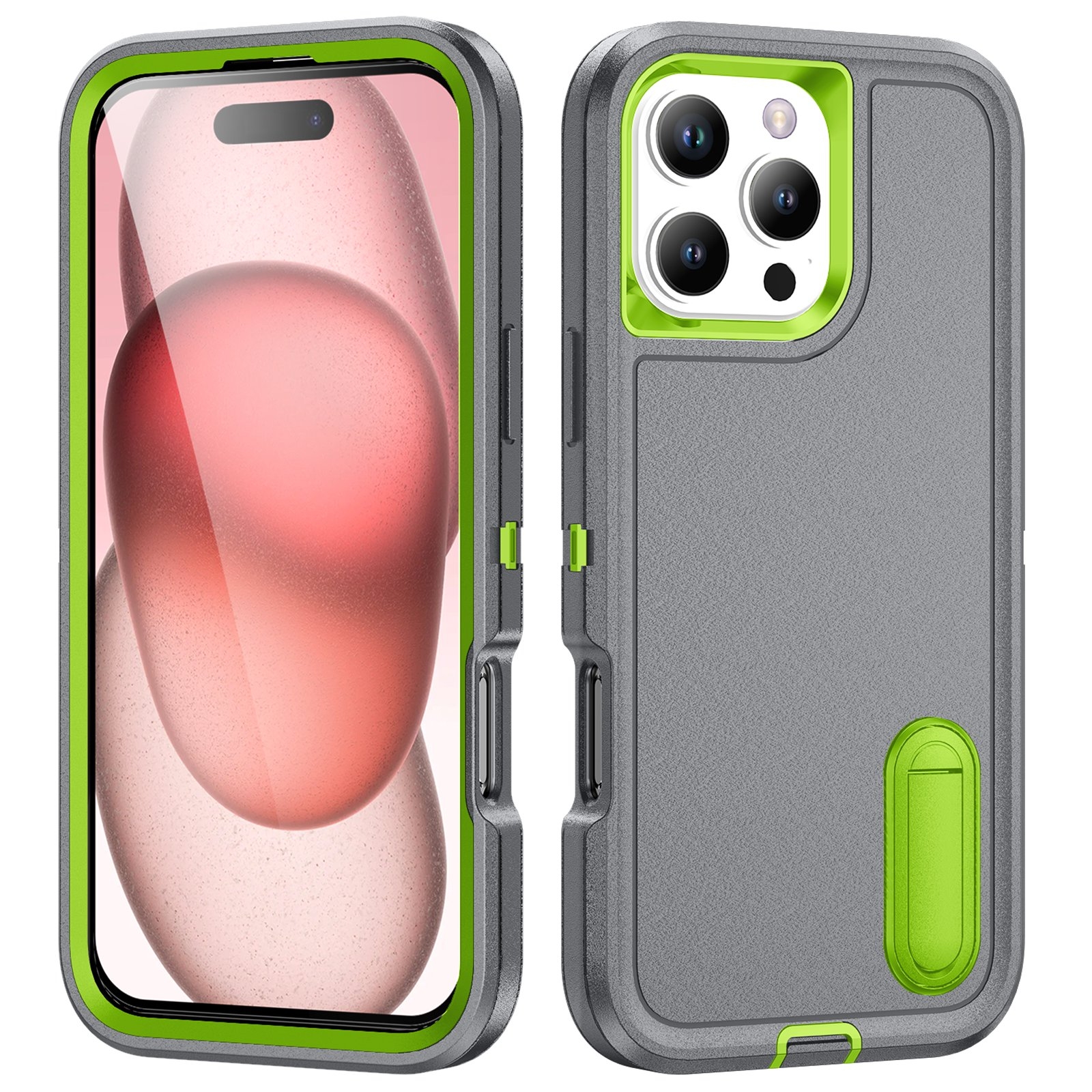 For iPhone 16 Pro Rugged PC + Silicone Phone Case with Holder(Grey+Fresh Green) For iPhone 16 Pro Rugged PC + Silicone Phone Case with Holder(Grey+Fresh Green)
