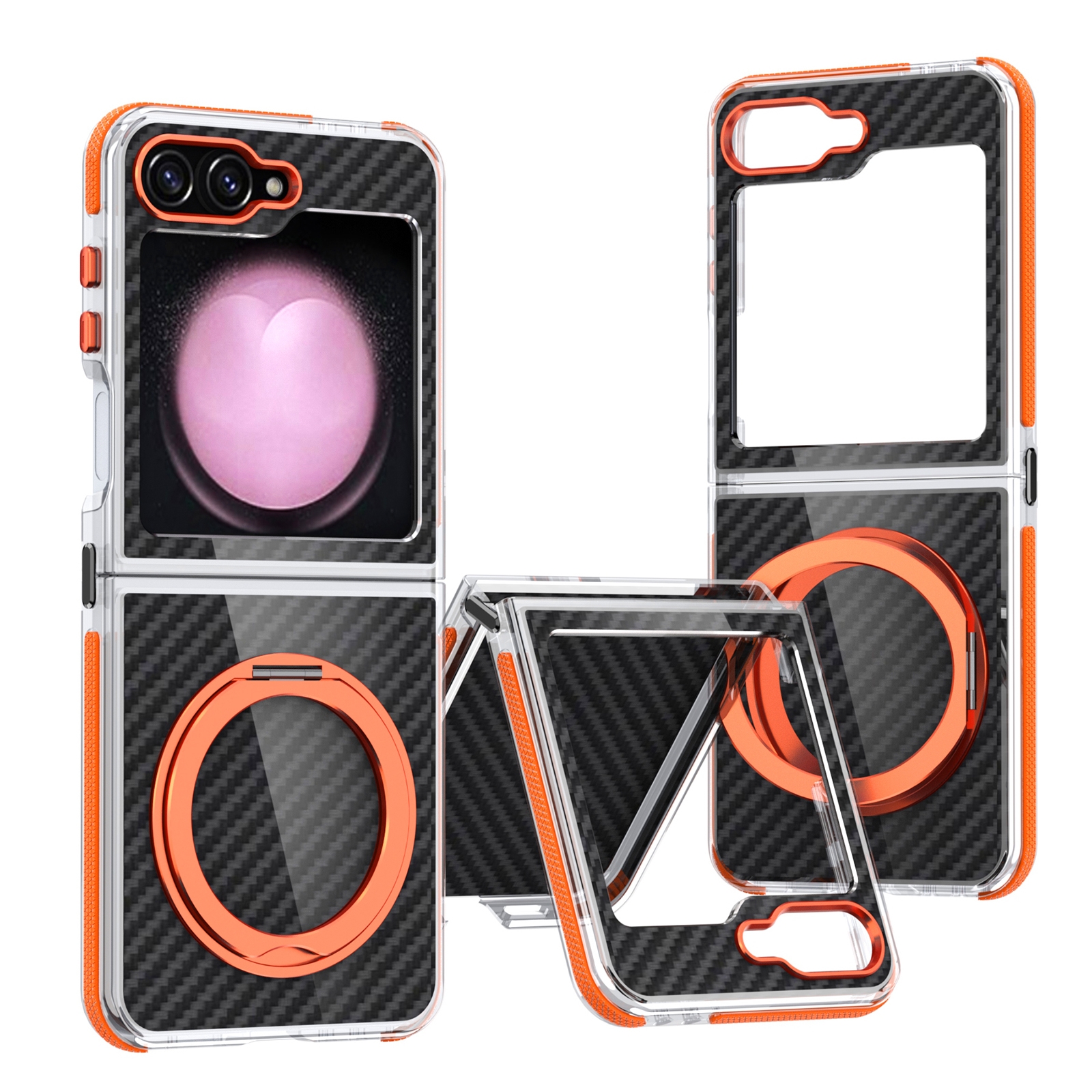 For Samsung Galaxy Z Flip5 Dual-Color Carbon Fiber 360 Rotating Holder Phone Case(Orange) For Samsung Galaxy Z Flip5 Dual-Color Carbon Fiber 360 Rotating Holder Phone Case(Orange)