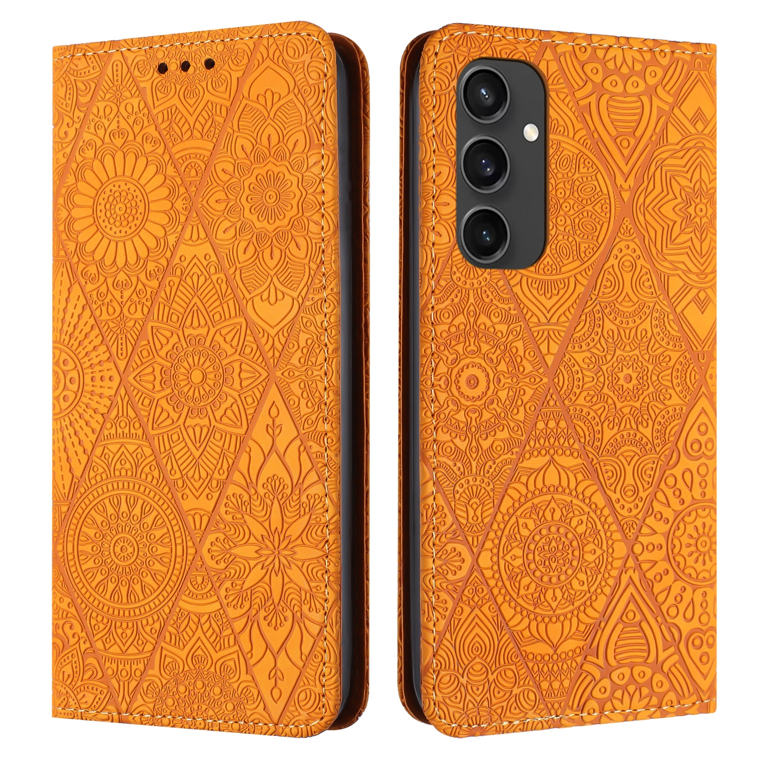 For Samsung Galaxy S24 FE 5G Ethnic Embossed Adsorption Leather Phone Case(Yellow) For Samsung Galaxy S24 FE 5G Ethnic Embossed Adsorption Leather Phone Case(Yellow)