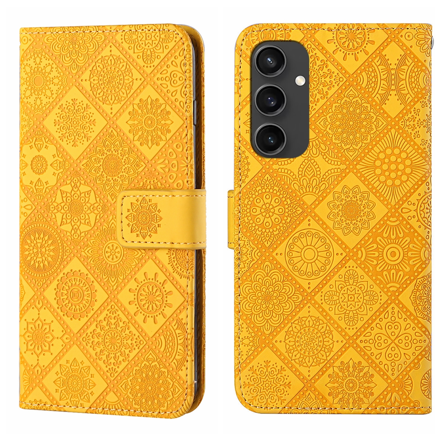 For Samsung Galaxy S24 FE 5G Ethnic Style Embossed Pattern Leather Phone Case(Yellow) For Samsung Galaxy S24 FE 5G Ethnic Style Embossed Pattern Leather Phone Case(Yellow)