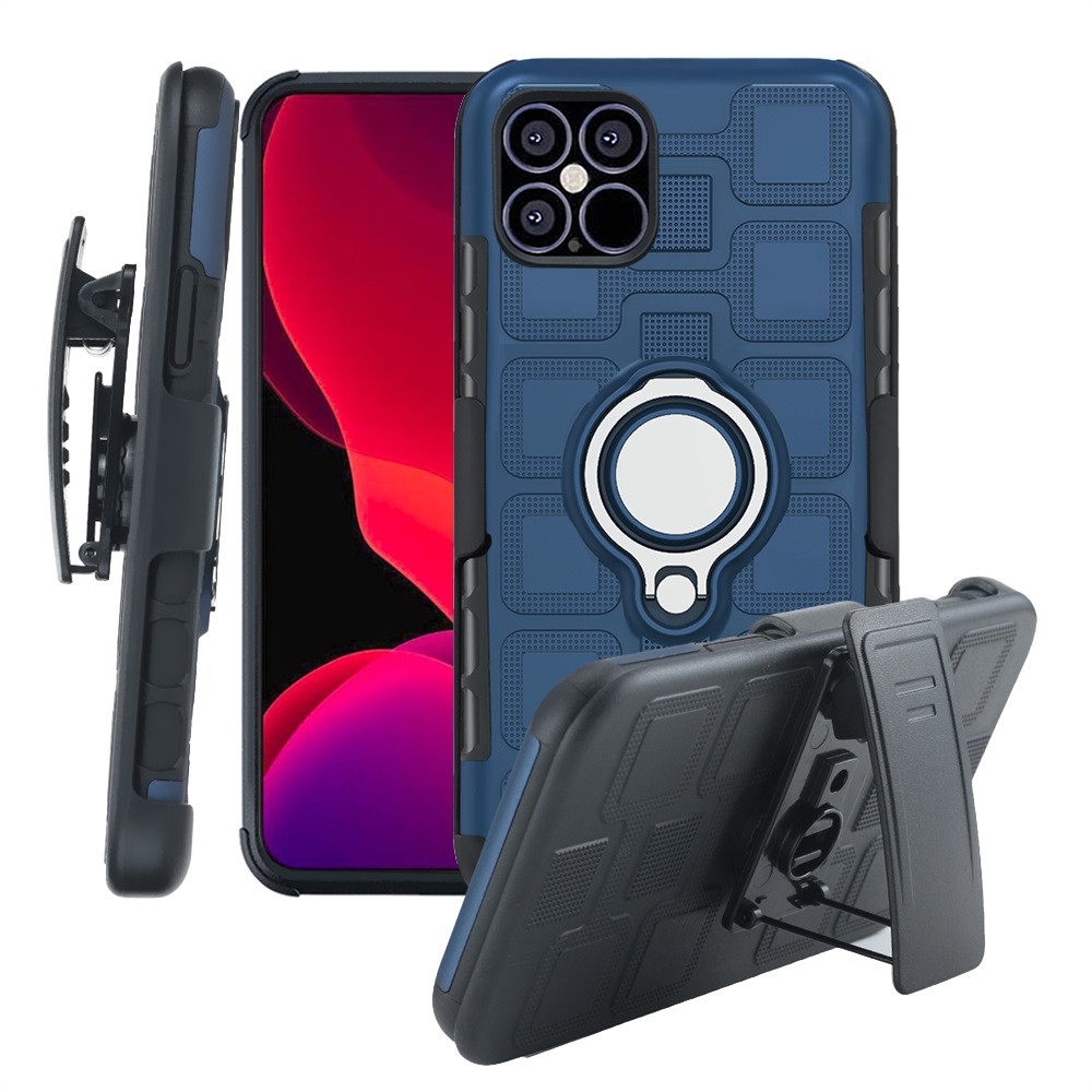 For iPhone 12 / 12 Pro 3 In 1 Cube PC + TPU Protective Case with 360 Degrees Rotate Silver Ring Holder(Navy Blue) For iPhone 12 / 12 Pro 3 In 1 Cube PC + TPU Protective Case with 360 Degrees Rotate Silver Ring Holder(Navy Blue)