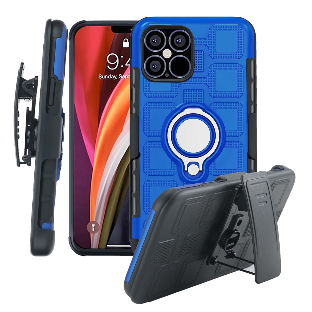 For iPhone 12 Pro Max 3 In 1 Cube PC + TPU Protective Case with 360 Degrees Rotate Silver Ring Holder(Blue) For iPhone 12 Pro Max 3 In 1 Cube PC + TPU Protective Case with 360 Degrees Rotate Silver Ring Holder(Blue)