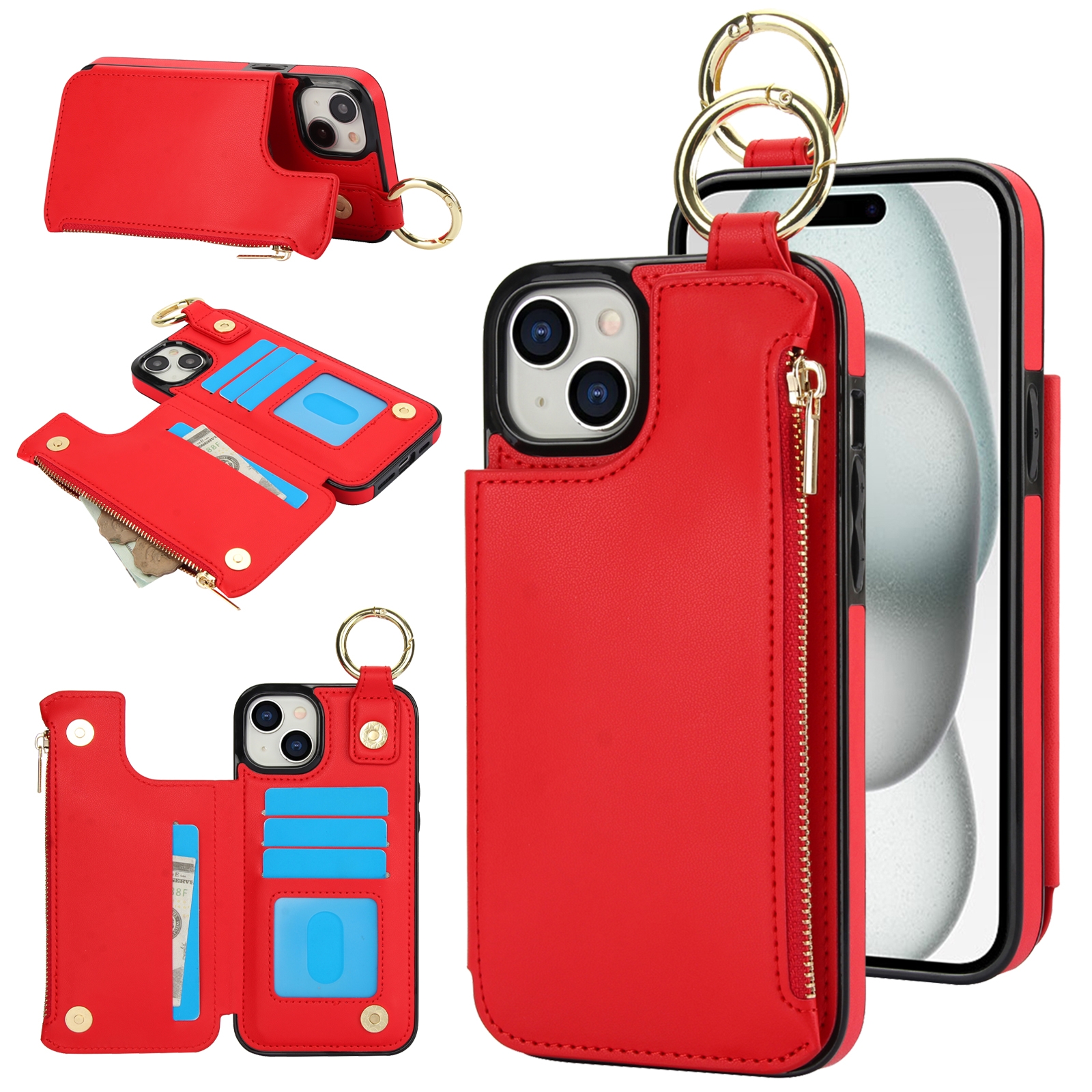 For iPhone 14 Plus RFlD Anti-theft Double Buckle Ring Zipper Card Phone Case(Red) For iPhone 14 Plus RFlD Anti-theft Double Buckle Ring Zipper Card Phone Case(Red)