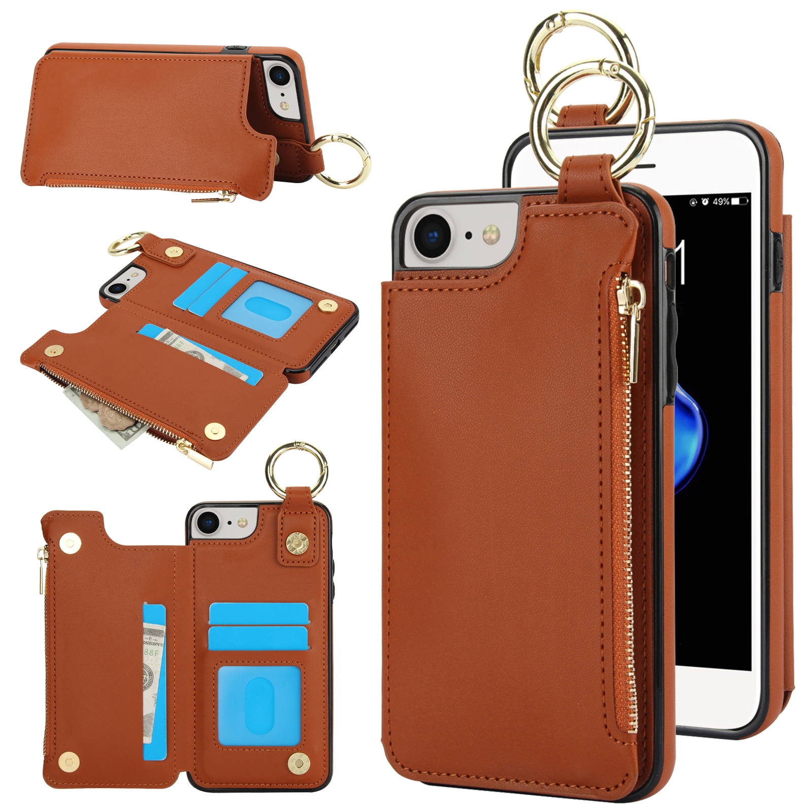 For iPhone SE 2022 / SE 2020 / 7 / 8 RFlD Anti-theft Double Buckle Ring Zipper Card Phone Case(Brown) For iPhone SE 2022 / SE 2020 / 7 / 8 RFlD Anti-theft Double Buckle Ring Zipper Card Phone Case(Brown)