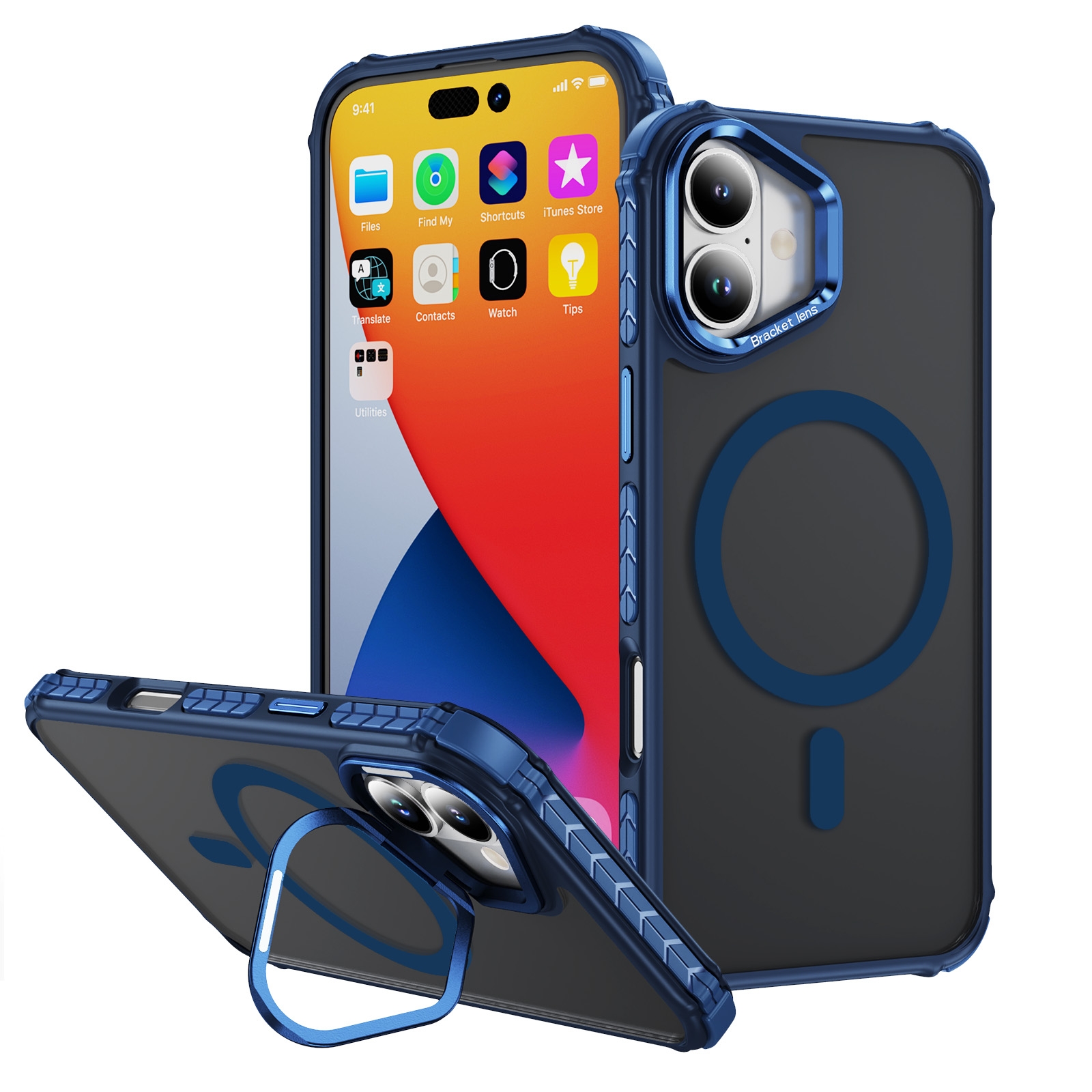For iPhone 16 Rainbow Series Skin Feel MagSafe Lens Holder Phone Case(Blue) For iPhone 16 Rainbow Series Skin Feel MagSafe Lens Holder Phone Case(Blue)
