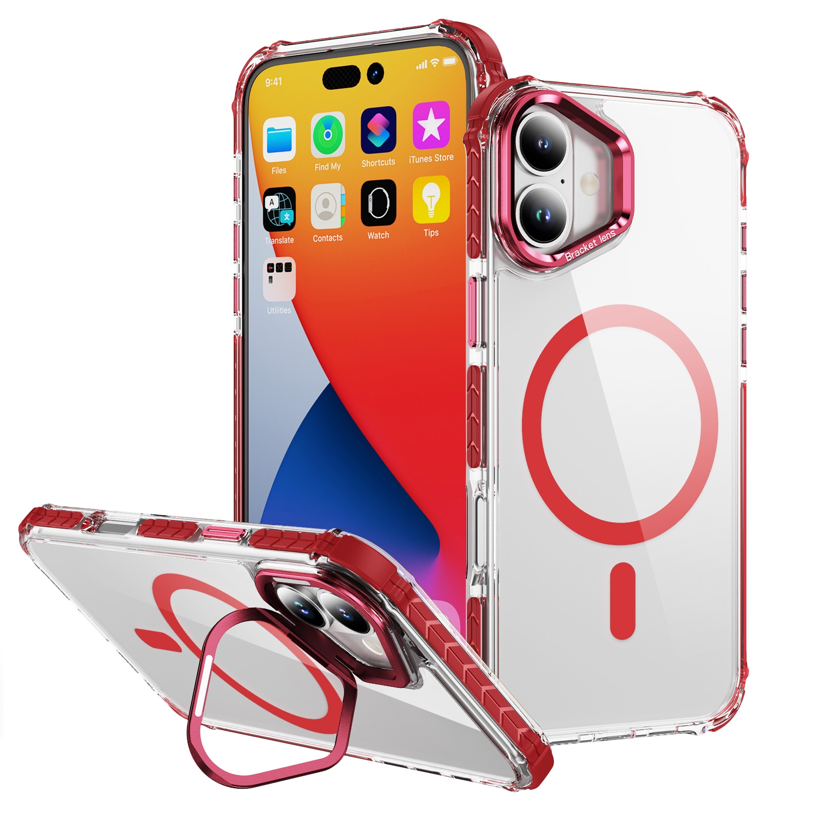 For iPhone 16 Rainbow Series Transparent MagSafe Lens Holder Phone Case(Red) For iPhone 16 Rainbow Series Transparent MagSafe Lens Holder Phone Case(Red)