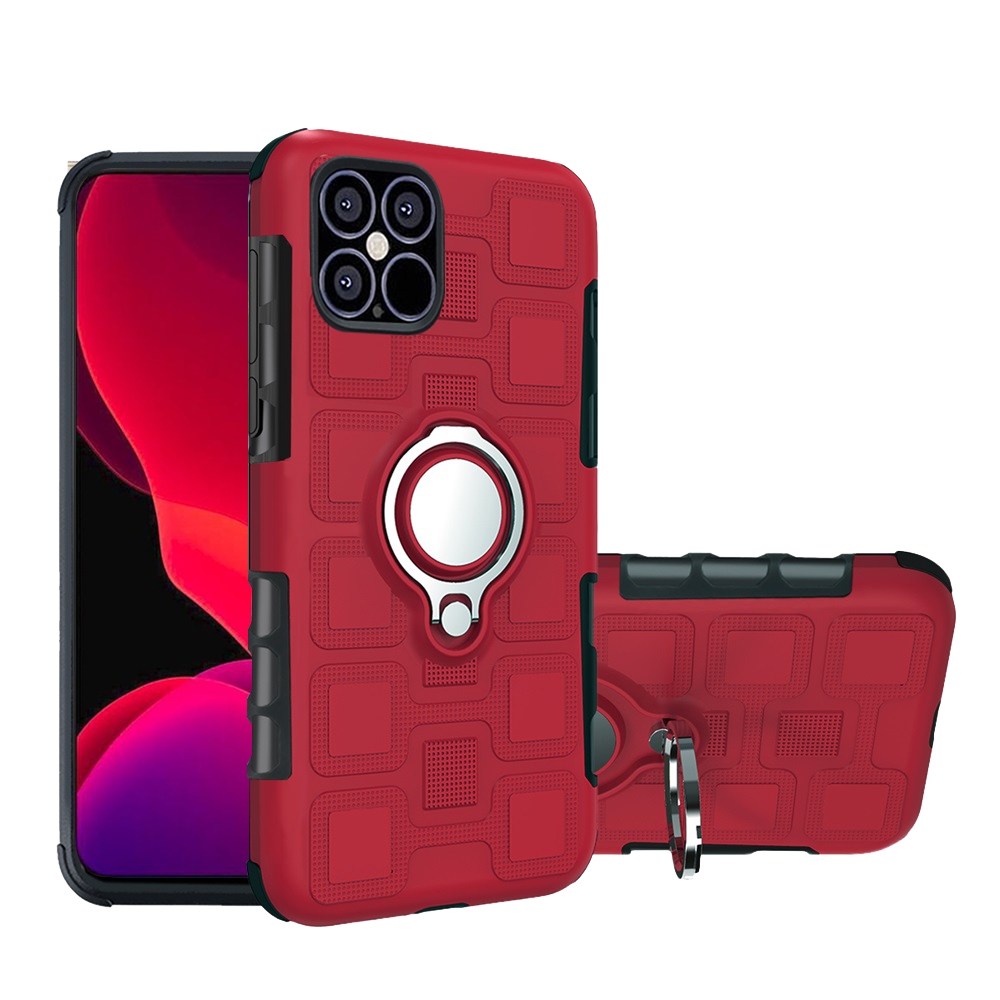 For iPhone 12 / 12 Pro 2 In 1 Cube PC + TPU Protective Case with 360 Degrees Rotate Silver Ring Holder(Red)