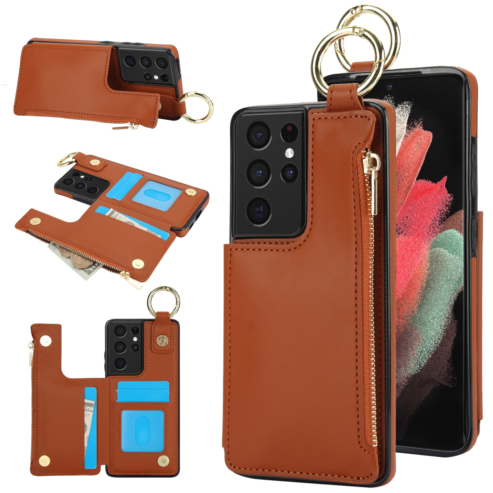 For Samsung Galaxy S21 Ultra 5G RFlD Anti-theft Double Buckle Ring Zipper Card Phone Case(Brown) For Samsung Galaxy S21 Ultra 5G RFlD Anti-theft Double Buckle Ring Zipper Card Phone Case(Brown)