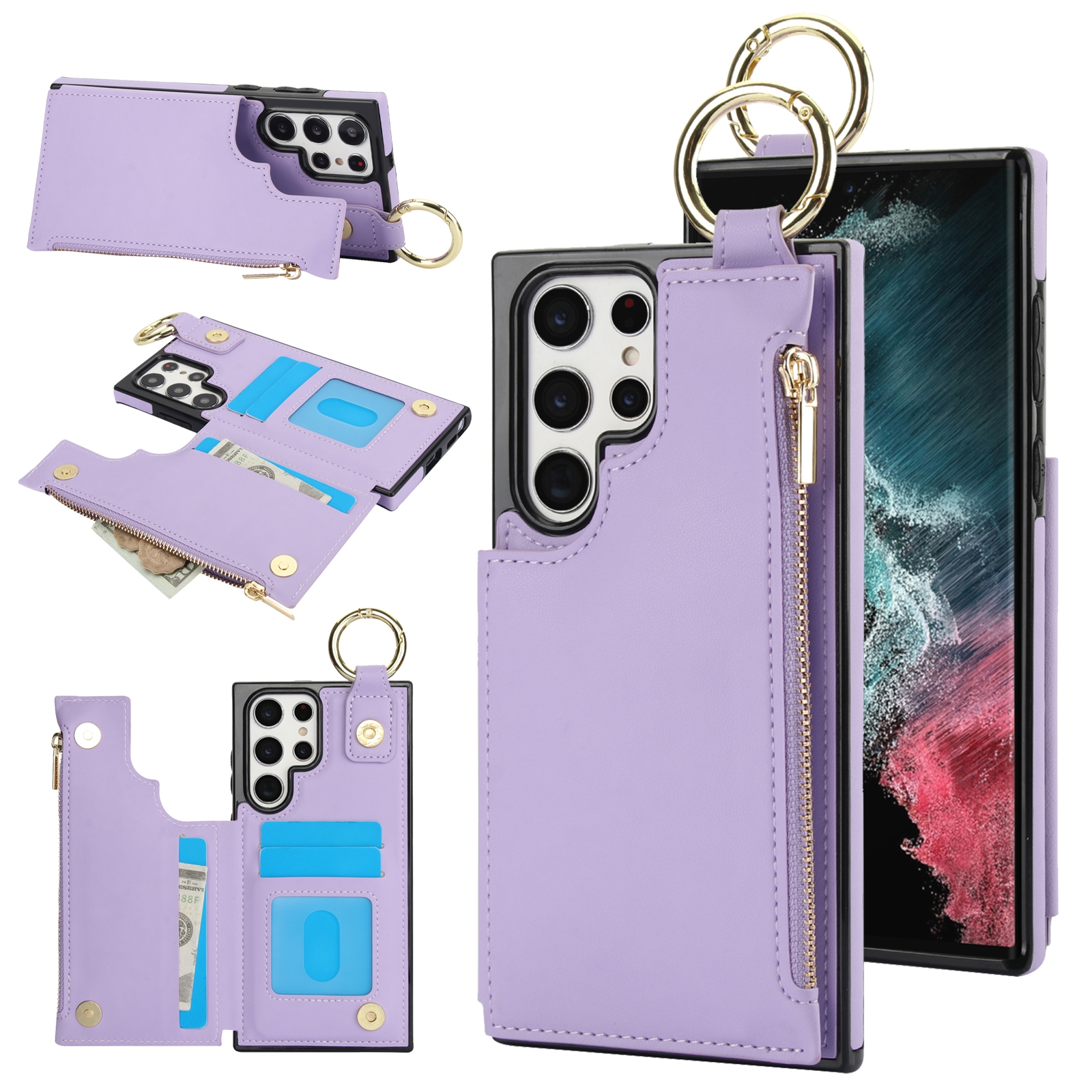 For Samsung Galaxy S22 Ultra 5G RFlD Anti-theft Double Buckle Ring Zipper Card Phone Case(Purple)