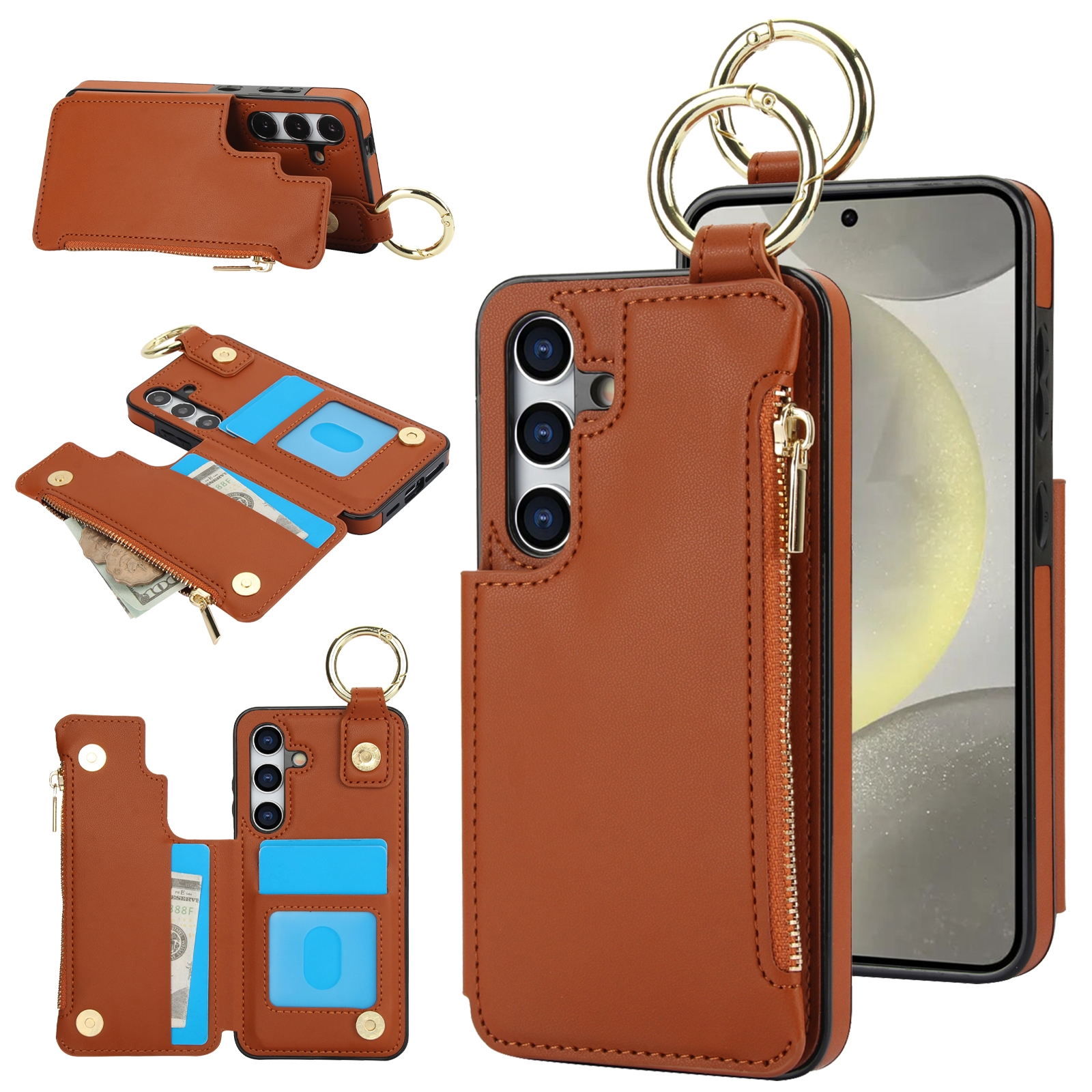 For Samsung Galaxy S24 5G RFlD Anti-theft Double Buckle Ring Zipper Card Phone Case(Brown) For Samsung Galaxy S24 5G RFlD Anti-theft Double Buckle Ring Zipper Card Phone Case(Brown)