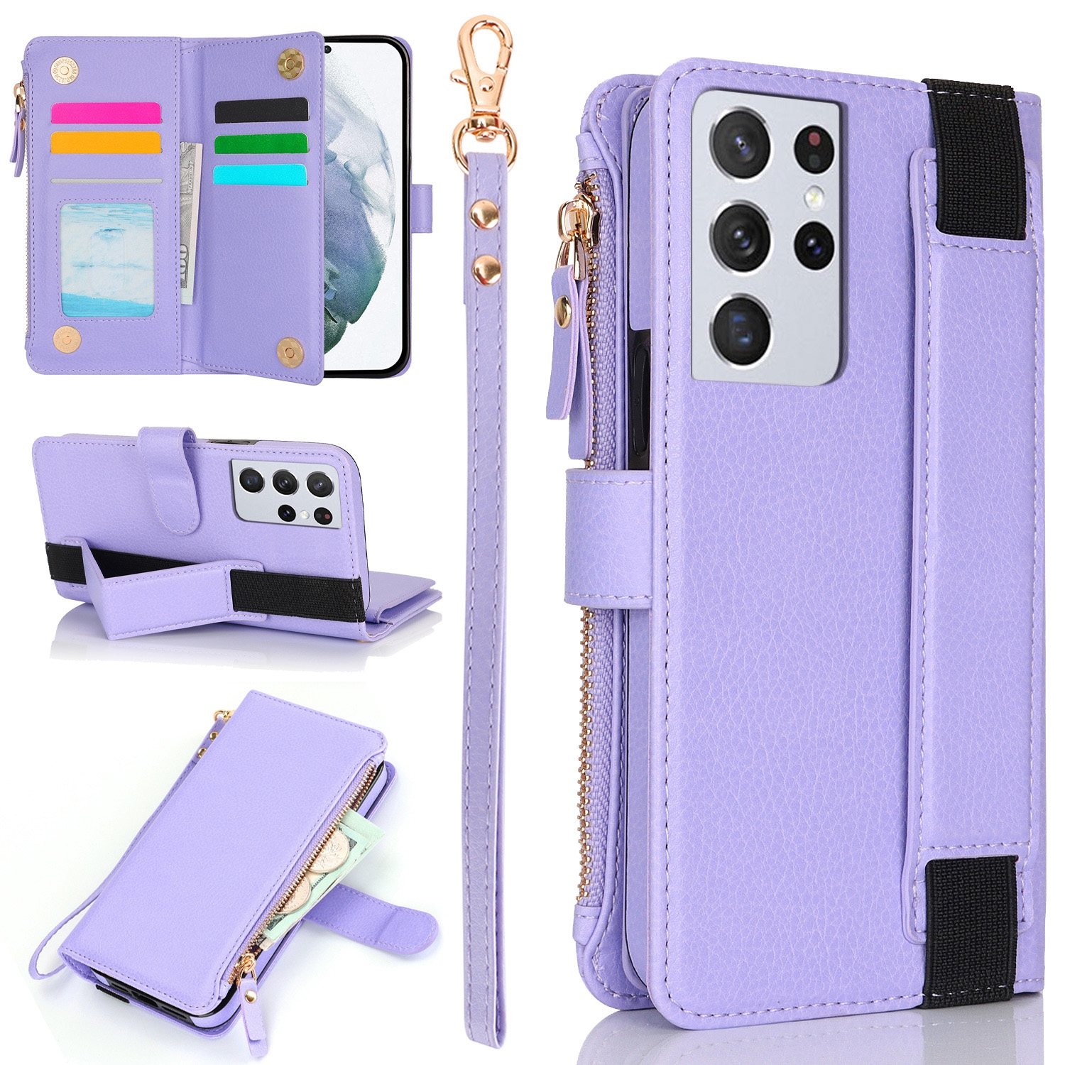 For Samsung Galaxy S21 Ultra 5G Wristband Holder Zipper Purse RFID Leather Phone Case(Purple) For Samsung Galaxy S21 Ultra 5G Wristband Holder Zipper Purse RFID Leather Phone Case(Purple)