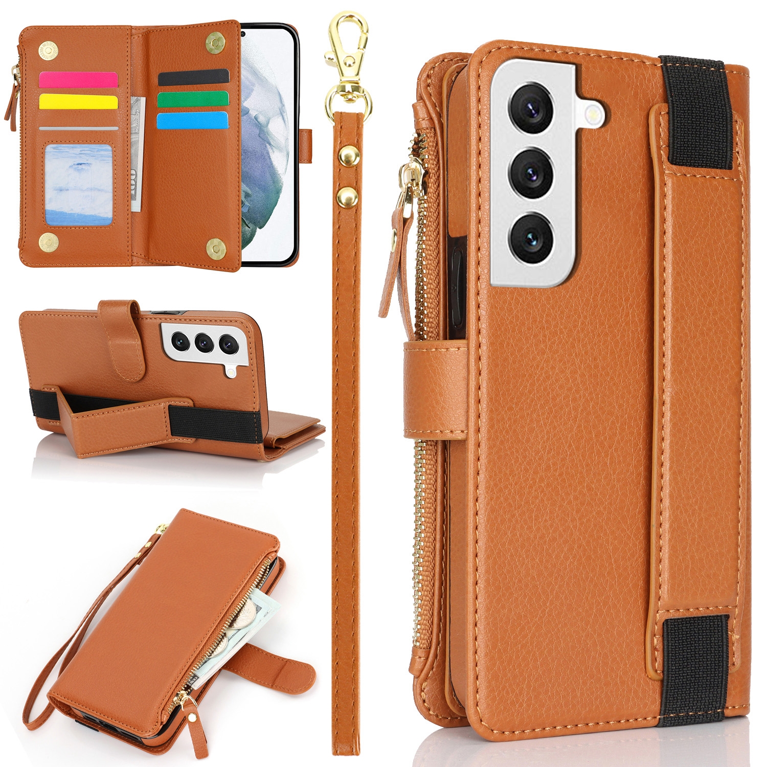 For Samsung Galaxy S22 5G Wristband Holder Zipper Purse RFID Leather Phone Case(Brown) For Samsung Galaxy S22 5G Wristband Holder Zipper Purse RFID Leather Phone Case(Brown)