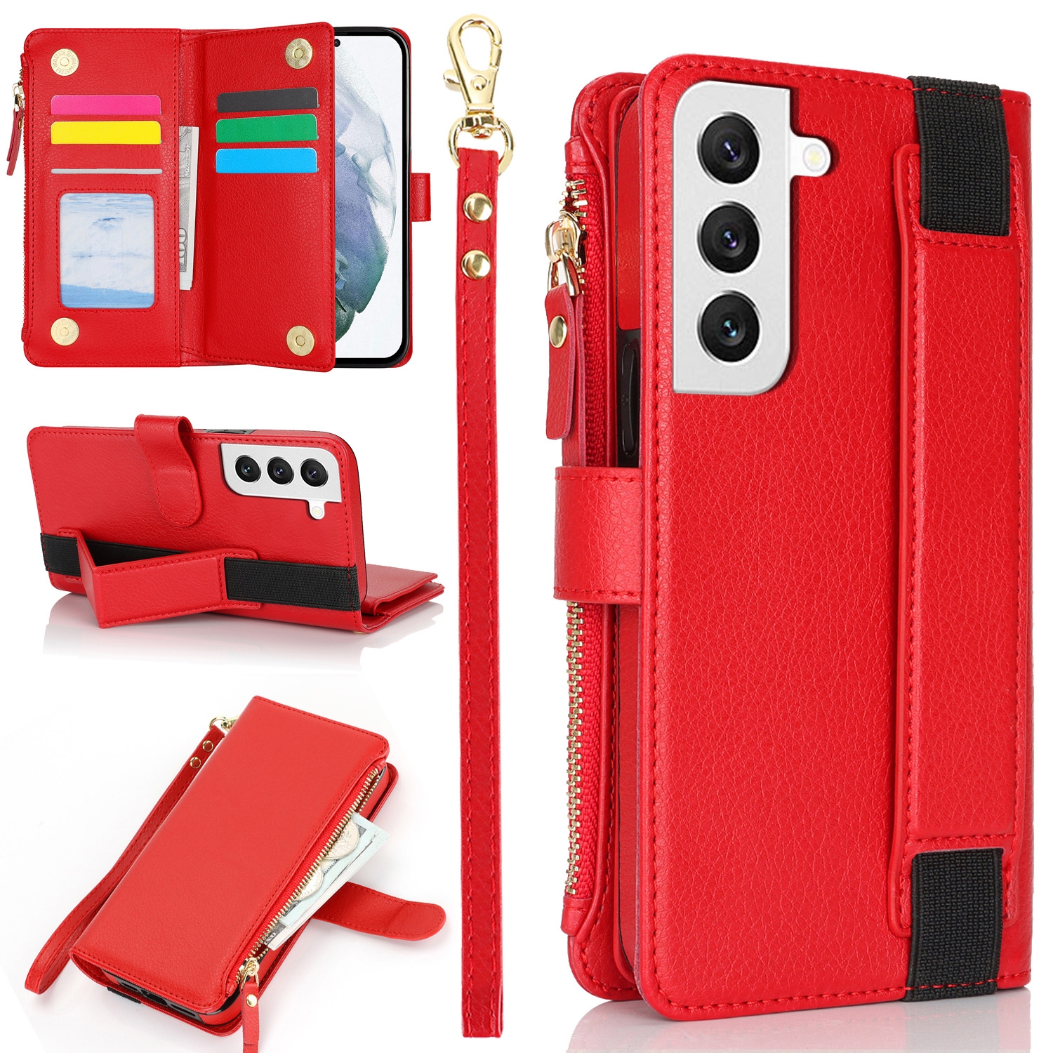 For Samsung Galaxy S22+ 5G Wristband Holder Zipper Purse RFID Leather Phone Case(Red) For Samsung Galaxy S22+ 5G Wristband Holder Zipper Purse RFID Leather Phone Case(Red)