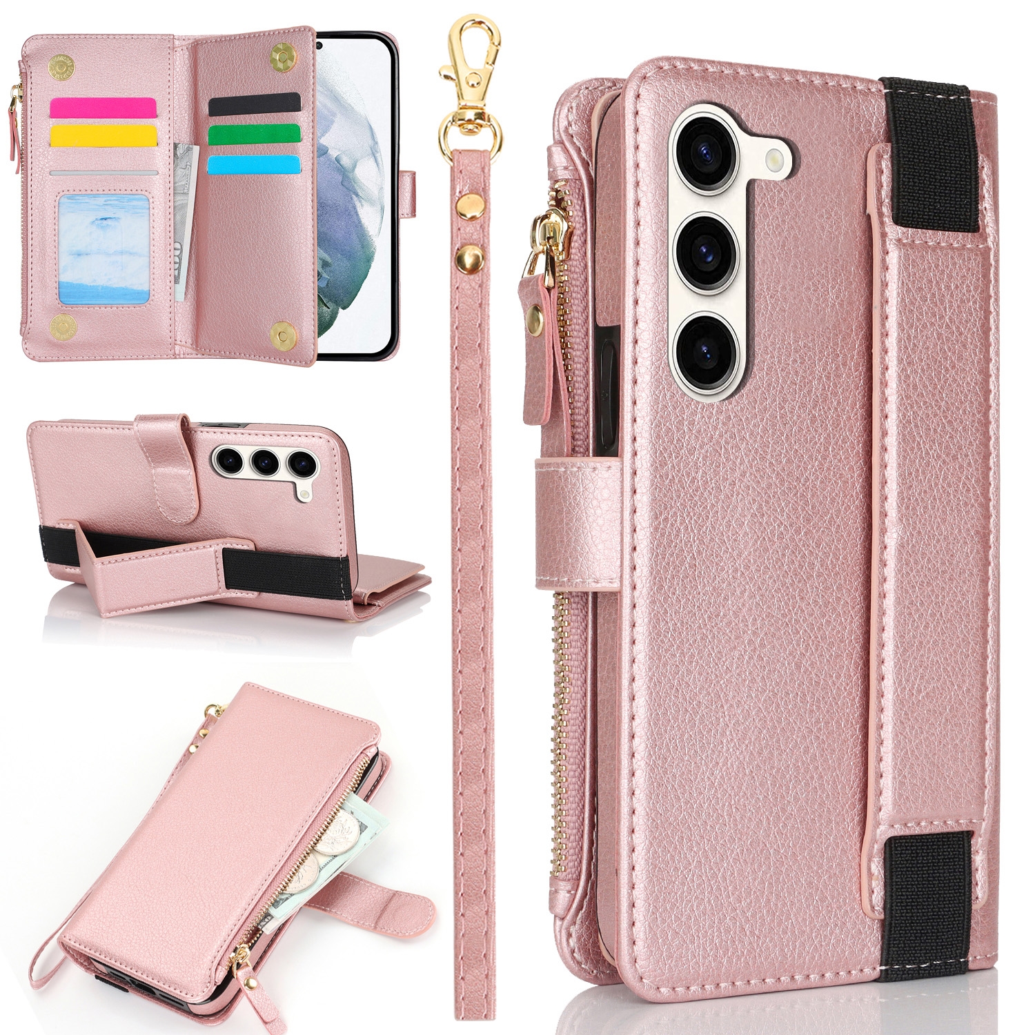 For Samsung Galaxy S23+ 5G Wristband Holder Zipper Purse RFID Leather Phone Case(Rose Gold) For Samsung Galaxy S23+ 5G Wristband Holder Zipper Purse RFID Leather Phone Case(Rose Gold)