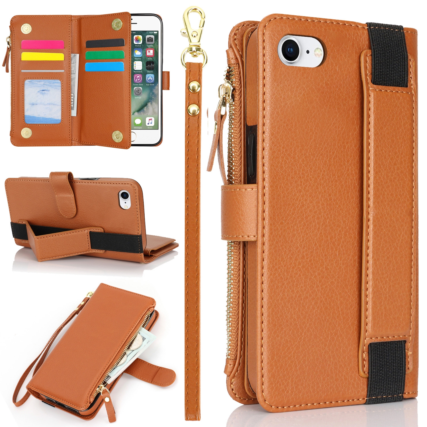 For iPhone SE 2022 / SE 2020 Wristband Holder Zipper Purse RFID Leather Phone Case(Brown) For iPhone SE 2022 / SE 2020 Wristband Holder Zipper Purse RFID Leather Phone Case(Brown)