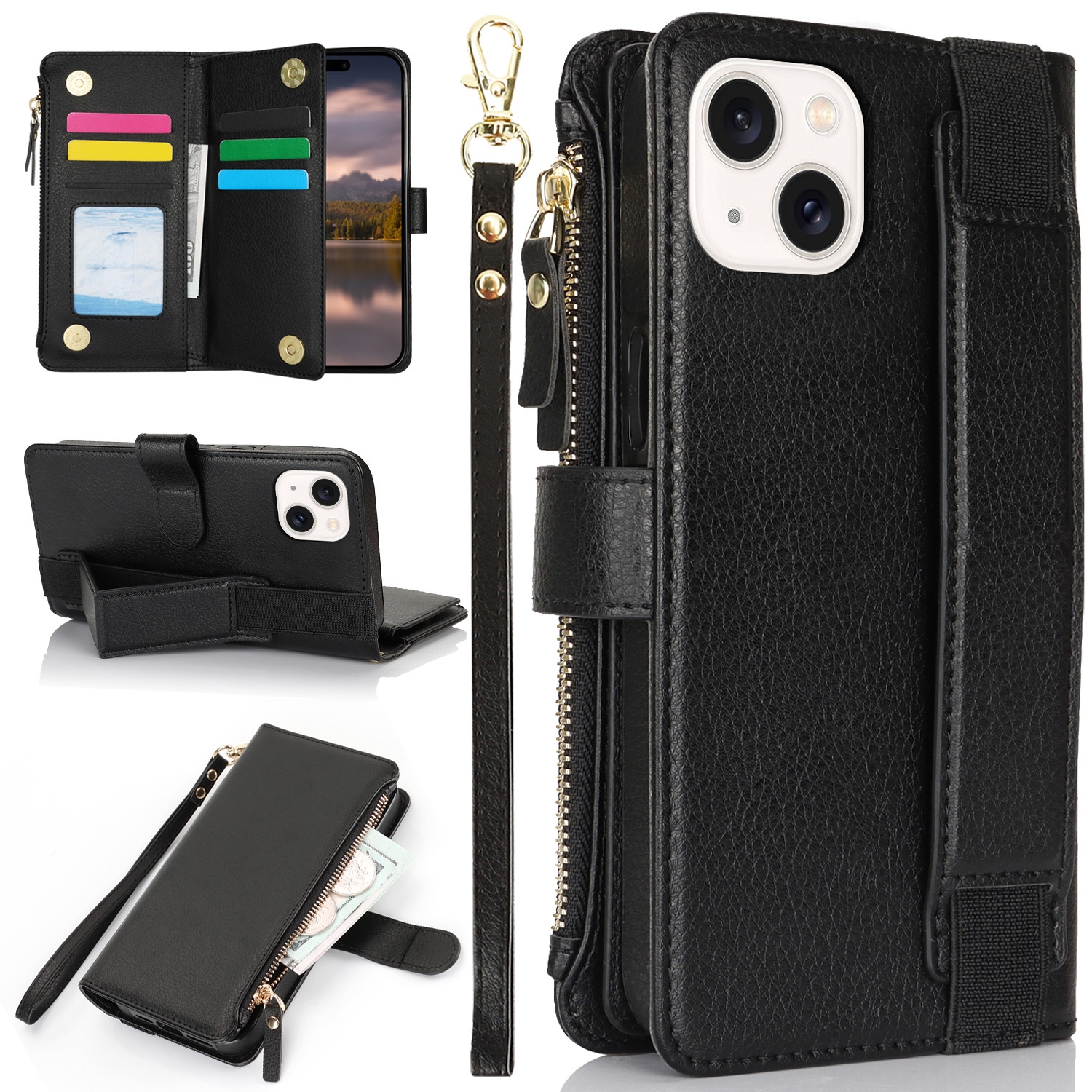 For iPhone 15 Wristband Holder Zipper Purse RFID Leather Phone Case(Black) For iPhone 15 Wristband Holder Zipper Purse RFID Leather Phone Case(Black)