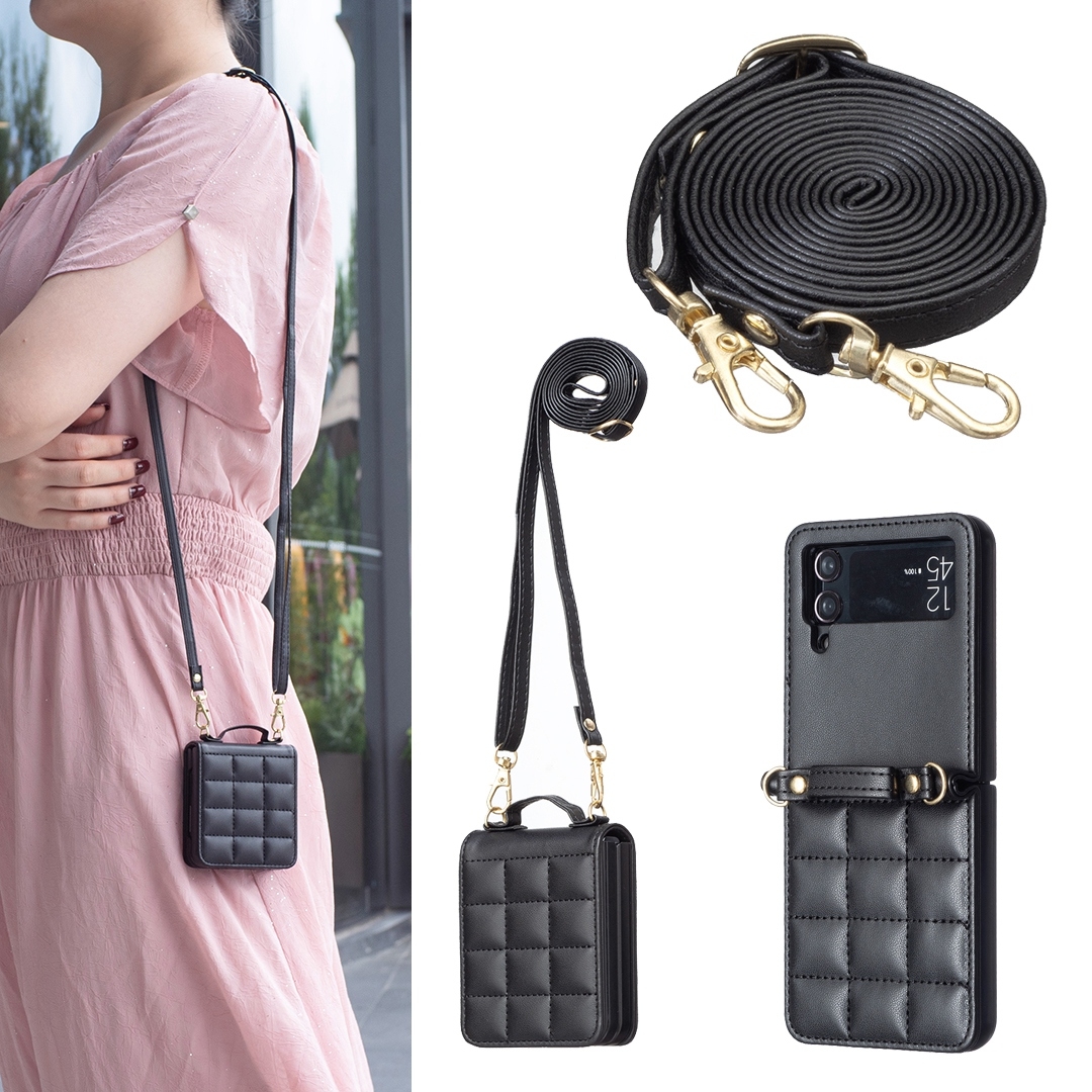 For Samsung Galaxy Z Flip4 Square-shaped Crossbody Lanyard Leather Phone Case(Black) For Samsung Galaxy Z Flip4 Square-shaped Crossbody Lanyard Leather Phone Case(Black)