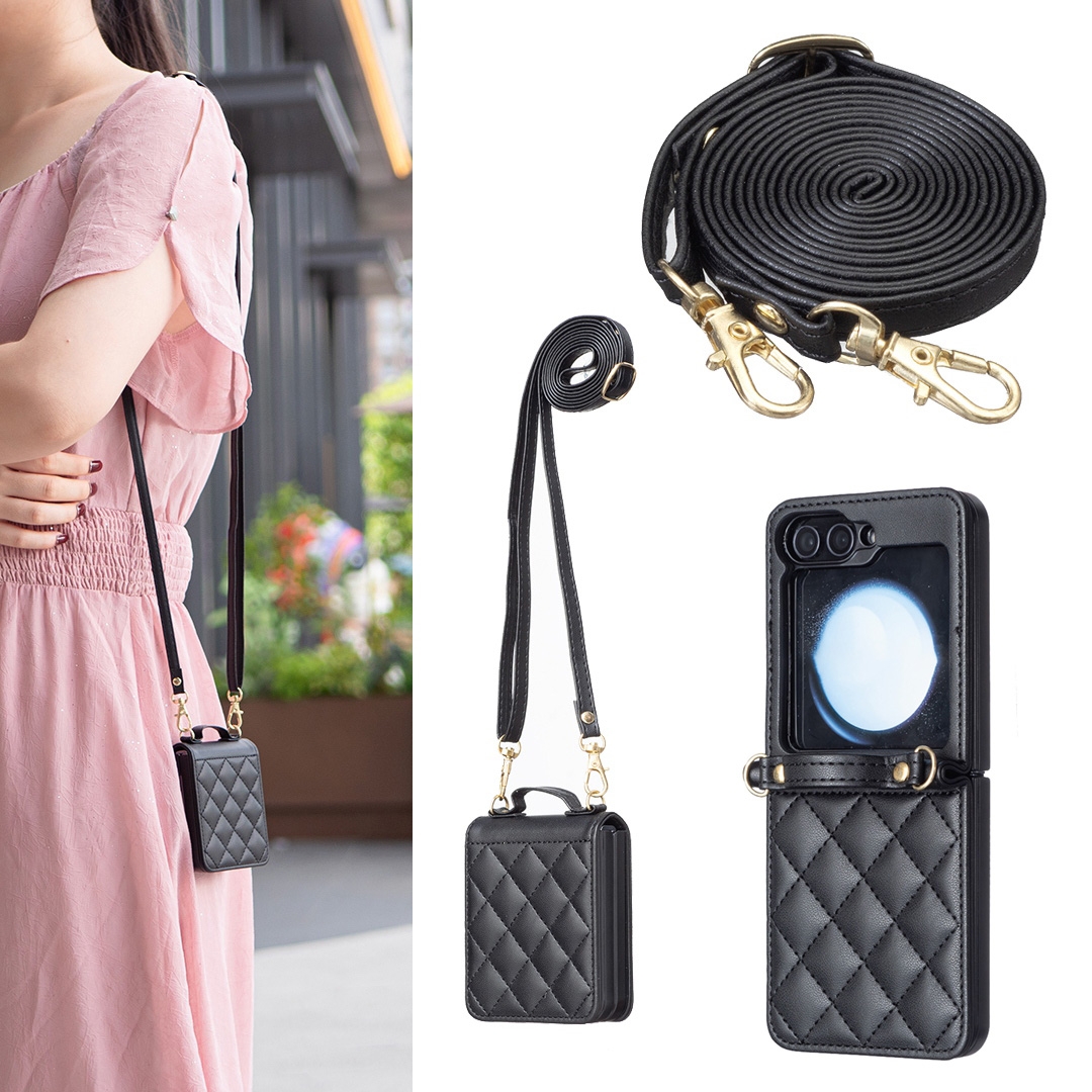 For Samsung Galaxy Z Flip6 Rhombus-shaped Crossbody Lanyard Leather Phone Case(Black) For Samsung Galaxy Z Flip6 Rhombus-shaped Crossbody Lanyard Leather Phone Case(Black)