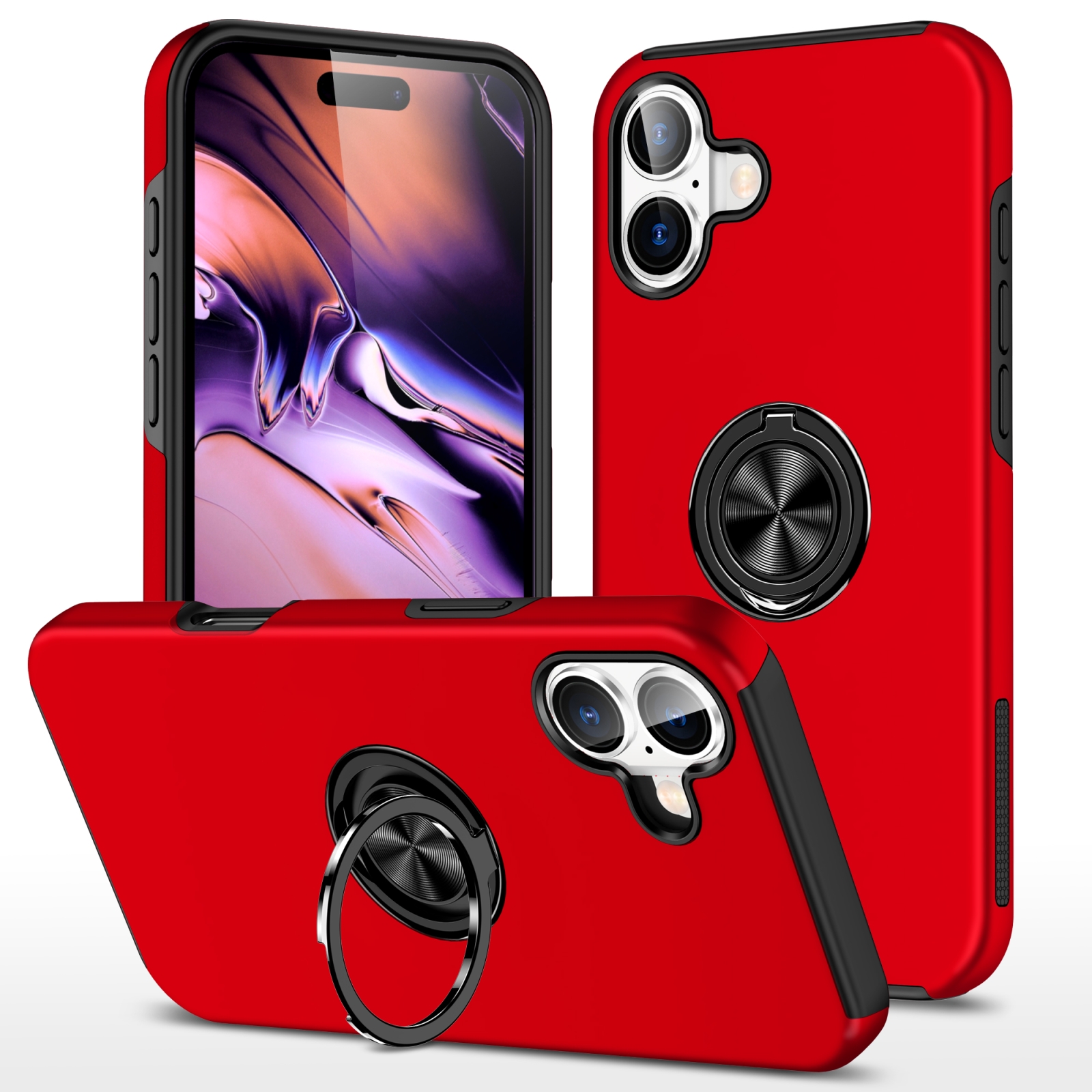 For iPhone 16 Plus PC Hybrid TPU Magnetic Ring Holder Phone Case(Red) For iPhone 16 Plus PC Hybrid TPU Magnetic Ring Holder Phone Case(Red)