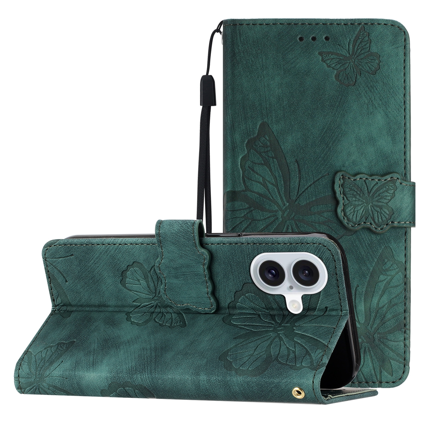 For iPhone 16 Skin-feel Embossed Butterfly Leather Phone Case(Green) For iPhone 16 Skin-feel Embossed Butterfly Leather Phone Case(Green)