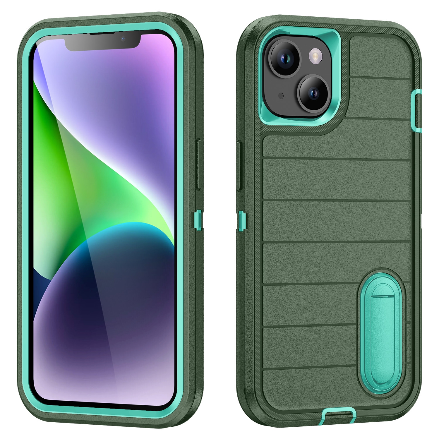 For iPhone 14 Plus Defender Gen2 Rugged PC + Silicone Phone Case with Holder(Dark Green+Cyan) For iPhone 14 Plus Defender Gen2 Rugged PC + Silicone Phone Case with Holder(Dark Green+Cyan)