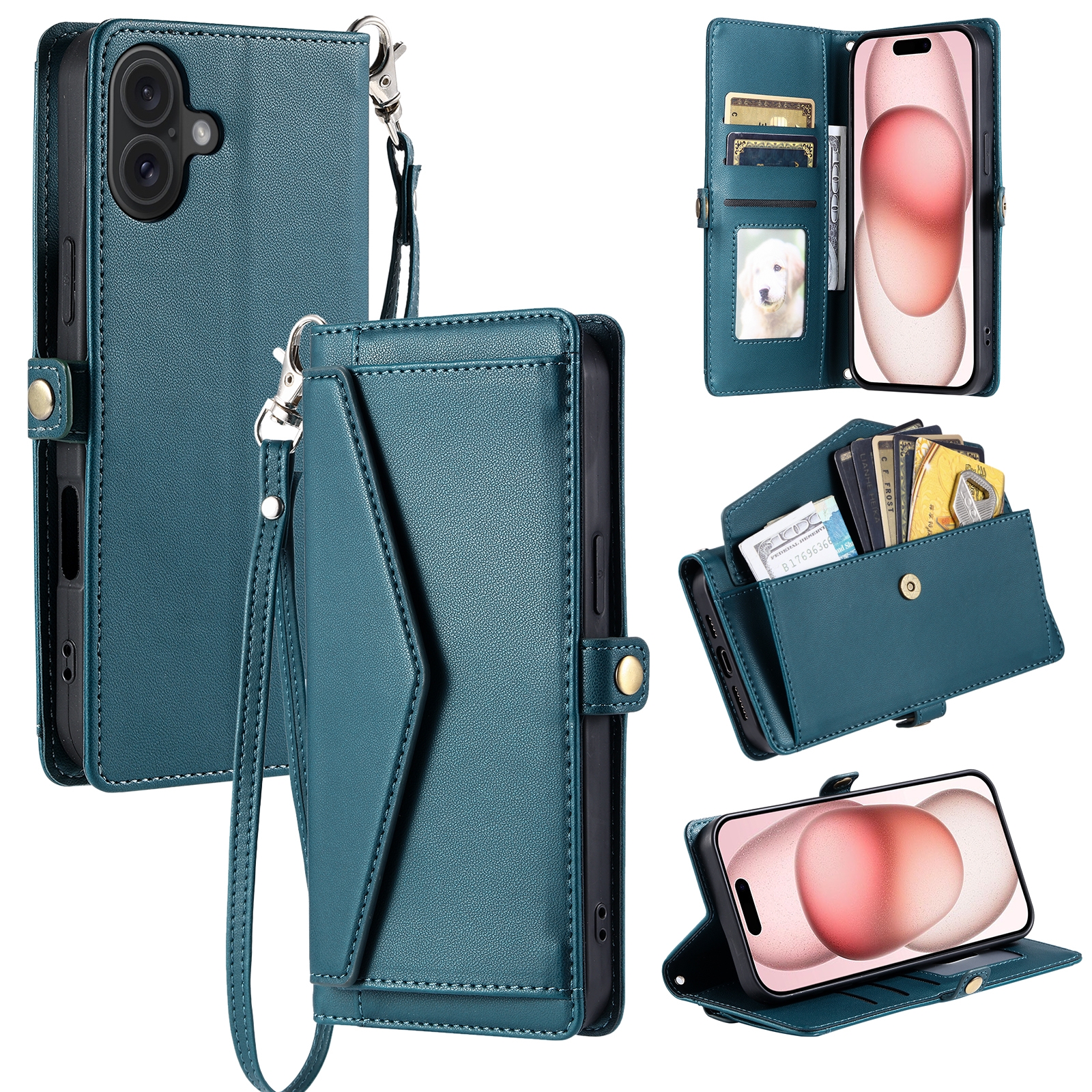 For iPhone 16 Plus Wallet Multi-card Slot Leather Phone Case with Lanyard(Green)