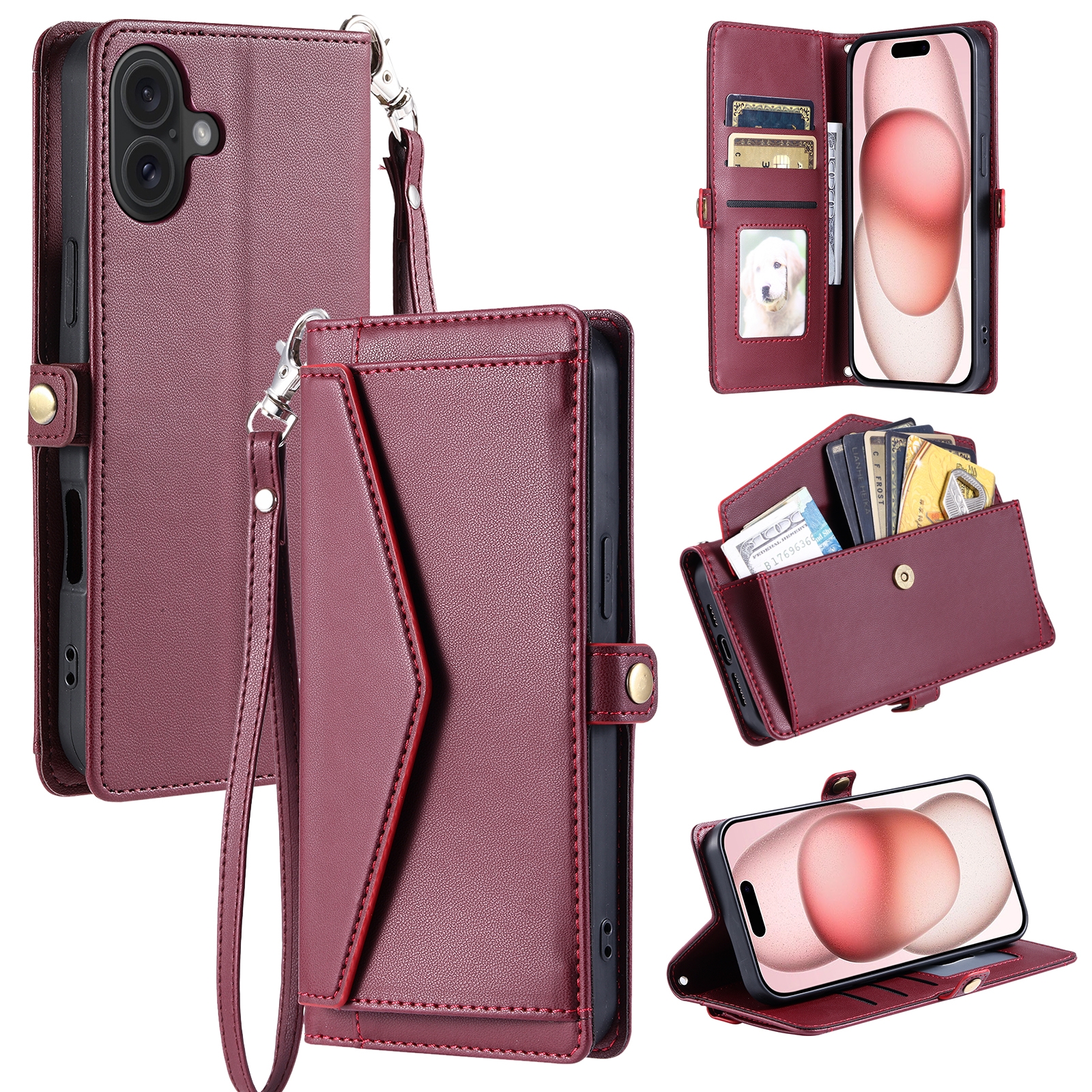 For iPhone 16 Wallet Multi-card Slot Leather Phone Case with Lanyard(Wine Red) For iPhone 16 Wallet Multi-card Slot Leather Phone Case with Lanyard(Wine Red)