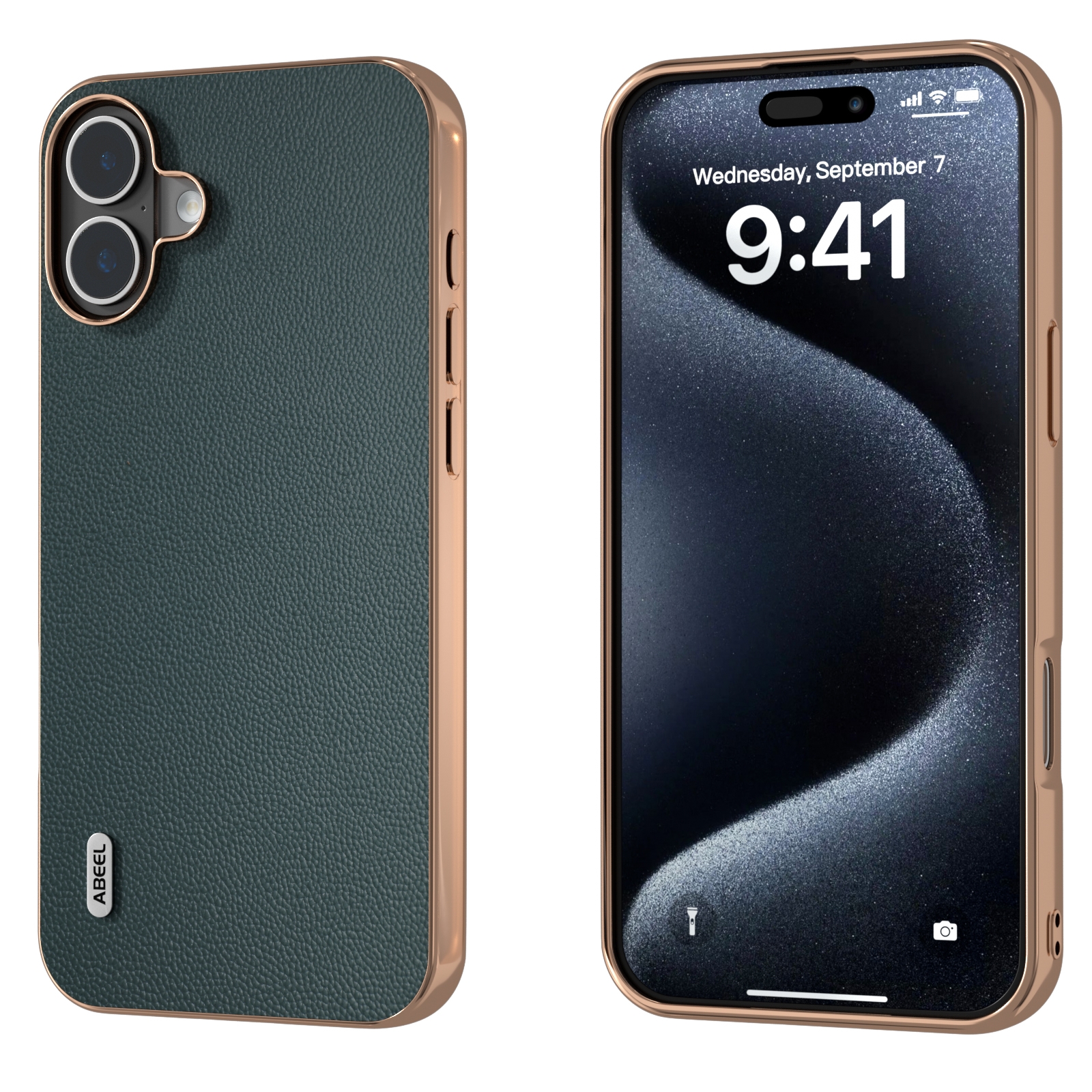 For iPhone 16 Plus ABEEL Electroplated Frame Genuine Leather Elegant Phone Case(Green) For iPhone 16 Plus ABEEL Electroplated Frame Genuine Leather Elegant Phone Case(Green)