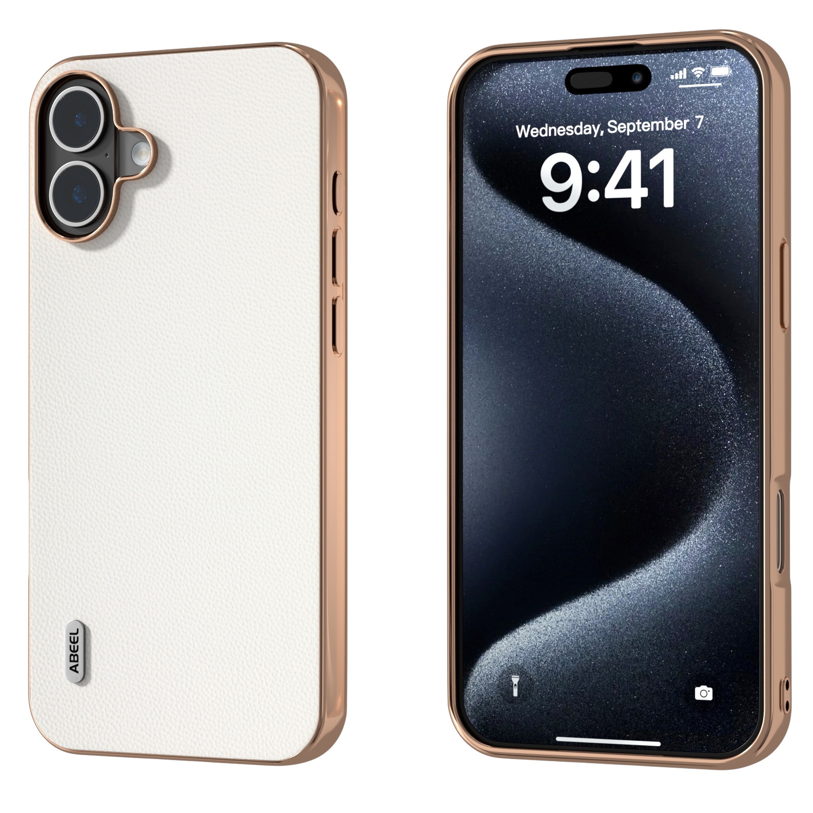 For iPhone 16 ABEEL Electroplated Frame Genuine Leather Elegant Phone Case(White) For iPhone 16 ABEEL Electroplated Frame Genuine Leather Elegant Phone Case(White)