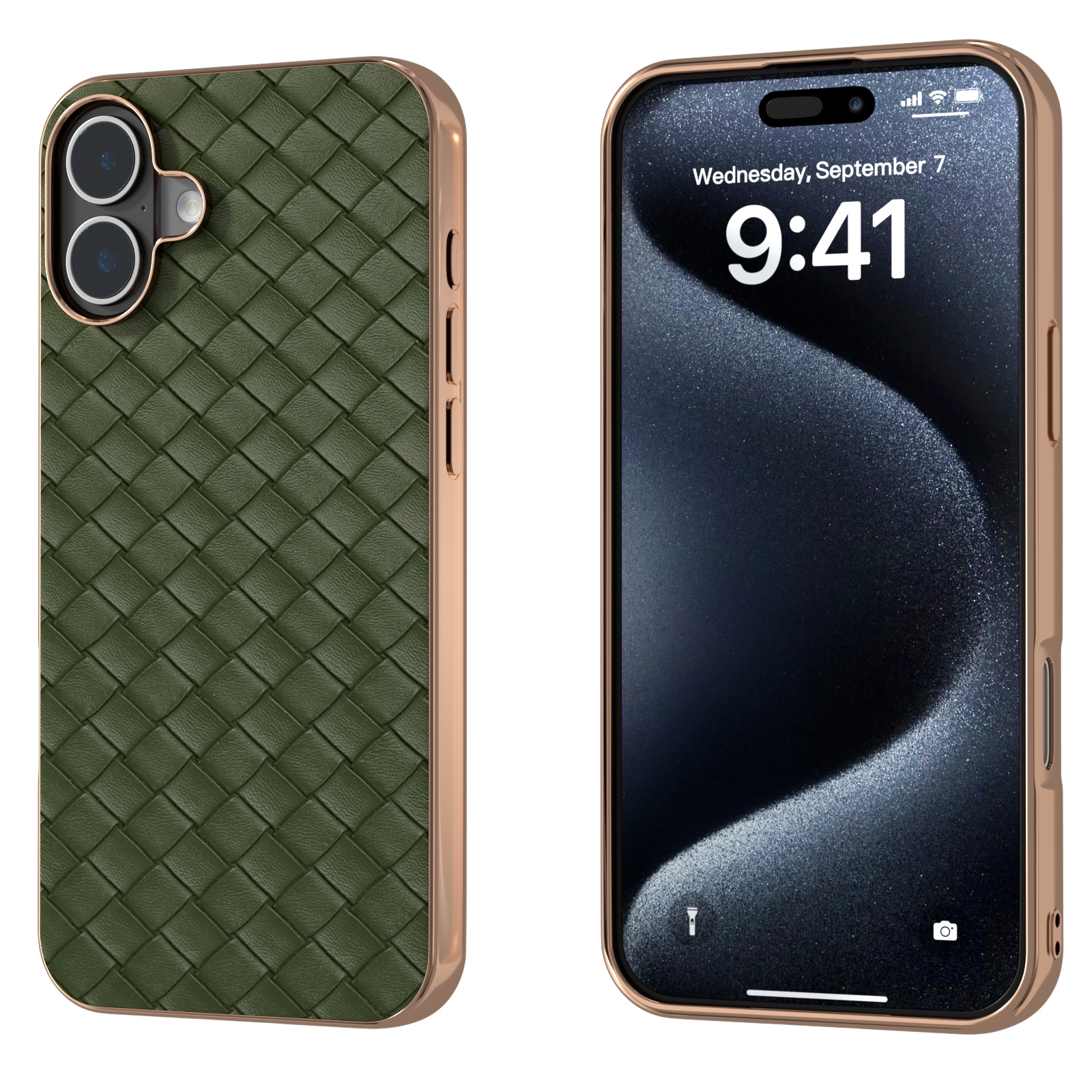 For iPhone 16 Plus Electroplated Frame Woven Texture PU Phone Case(Green) For iPhone 16 Plus Electroplated Frame Woven Texture PU Phone Case(Green)