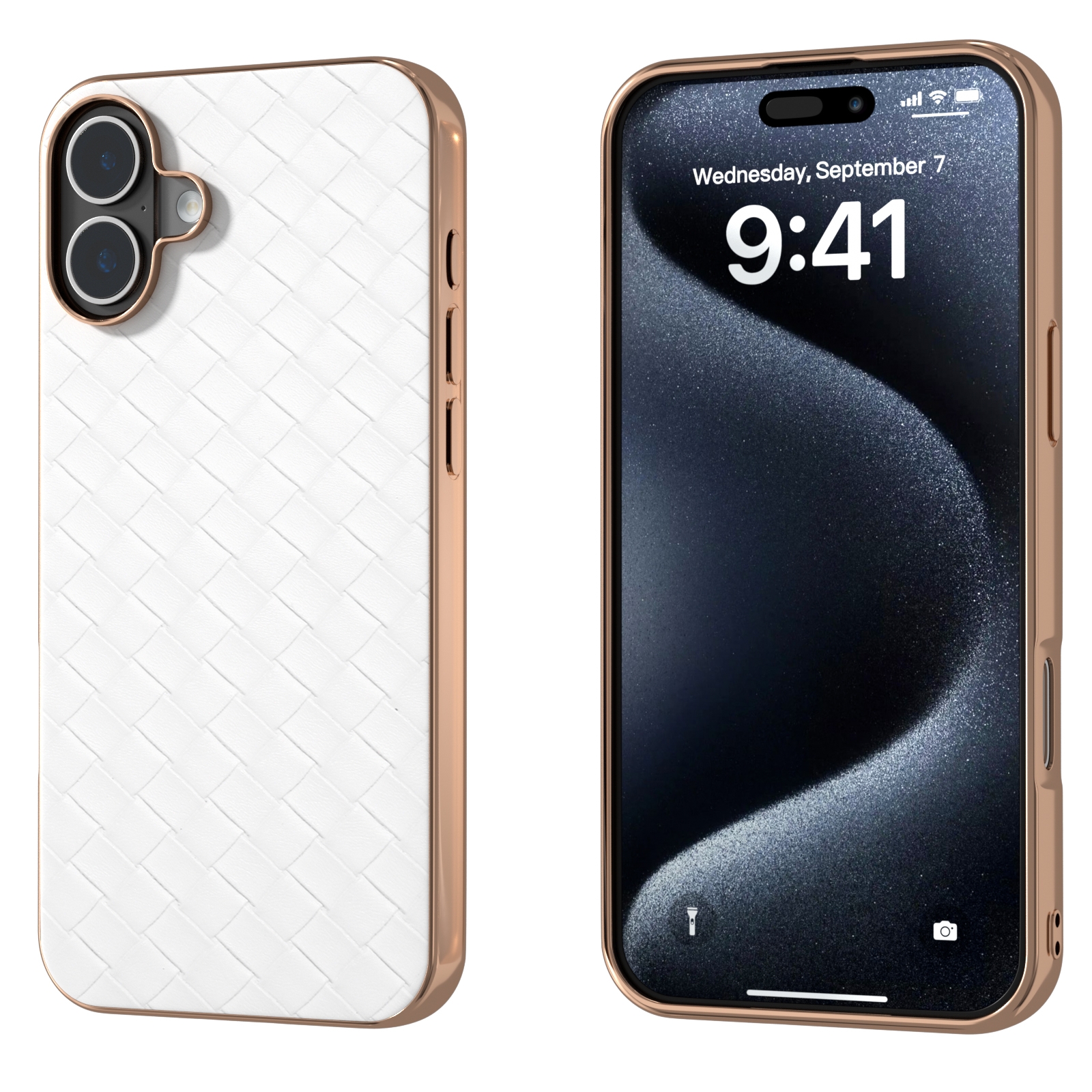 For iPhone 16 Electroplated Frame Woven Texture PU Phone Case(White) For iPhone 16 Electroplated Frame Woven Texture PU Phone Case(White)