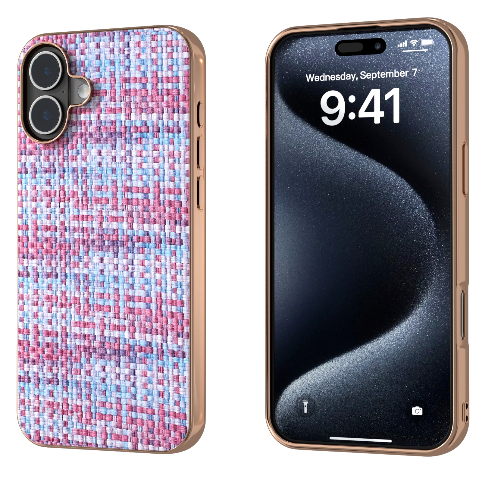 For iPhone 16 Plus Electroplated Frame Color Lattice Texture PU Phone Case(Purple) For iPhone 16 Plus Electroplated Frame Color Lattice Texture PU Phone Case(Purple)