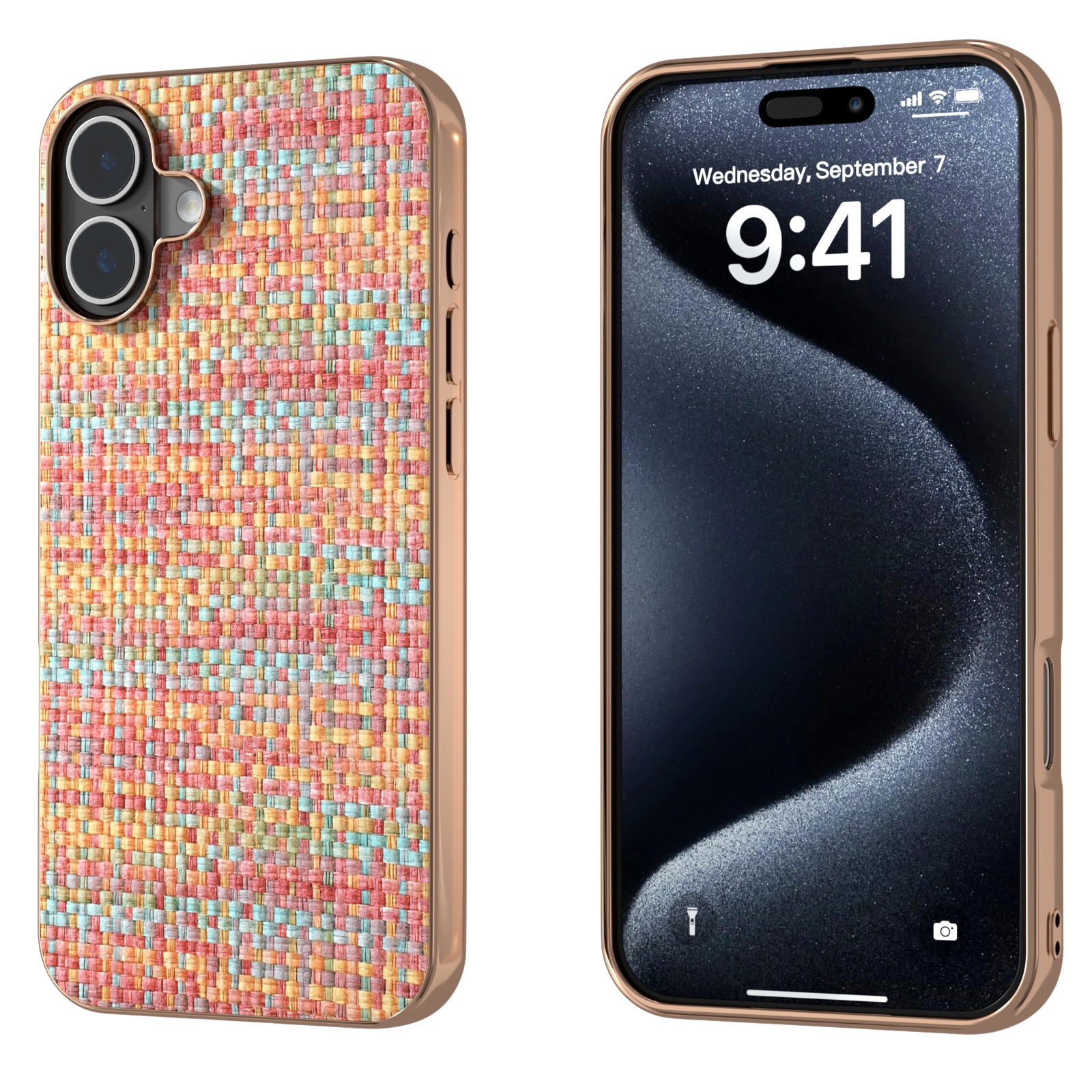 For iPhone 16 Electroplated Frame Color Lattice Texture PU Phone Case(Tangerine) For iPhone 16 Electroplated Frame Color Lattice Texture PU Phone Case(Tangerine)