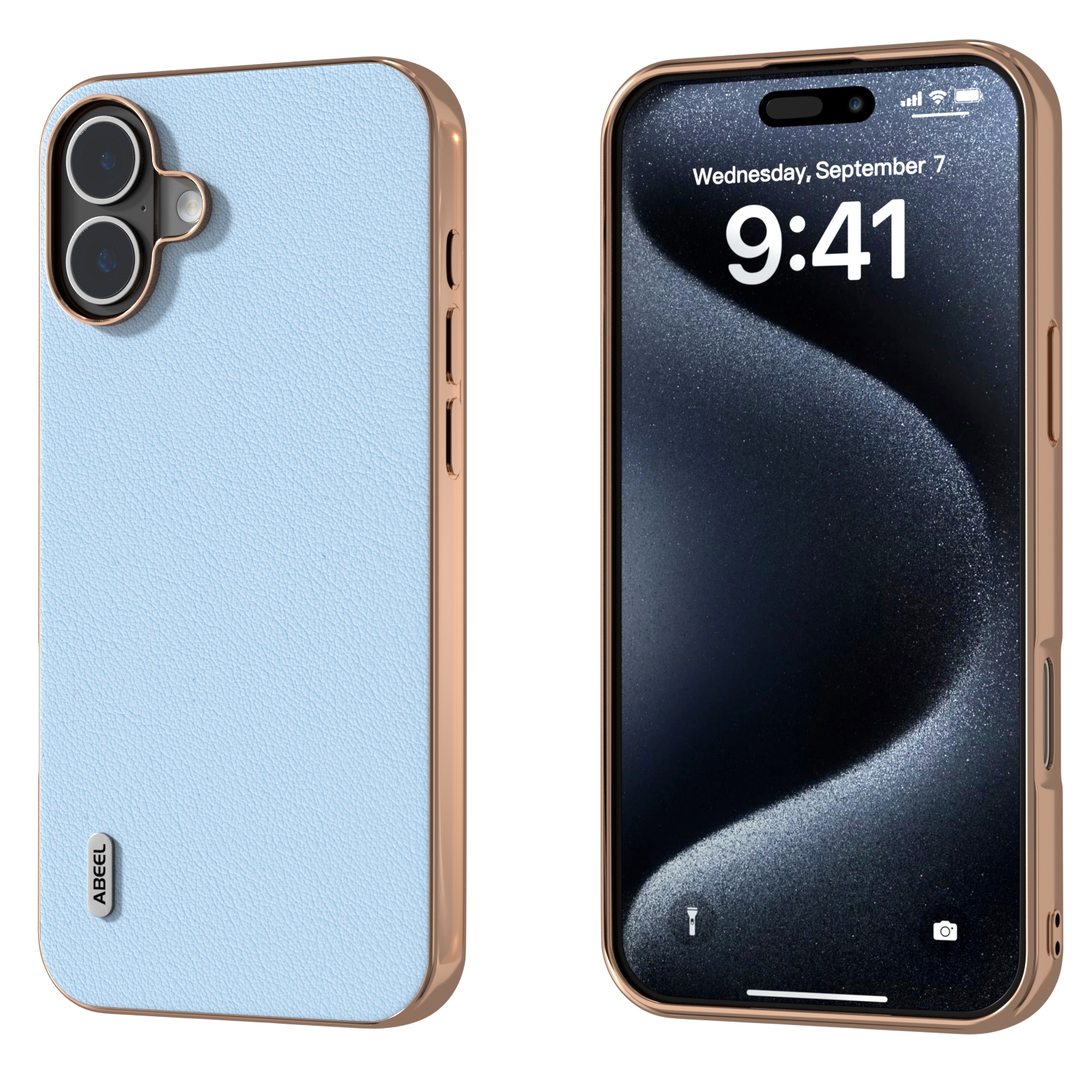 For iPhone 16 ABEEL Electroplating Frame Genuine Leather Wave Phone Case(Blue) For iPhone 16 ABEEL Electroplating Frame Genuine Leather Wave Phone Case(Blue)