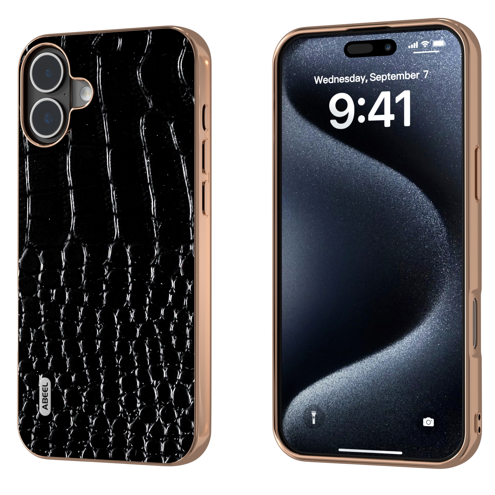 For iPhone 16 Plus ABEEL Electroplated Frame Genuine Leather Crocodile Pattern Phone Case(Black) For iPhone 16 Plus ABEEL Electroplated Frame Genuine Leather Crocodile Pattern Phone Case(Black)