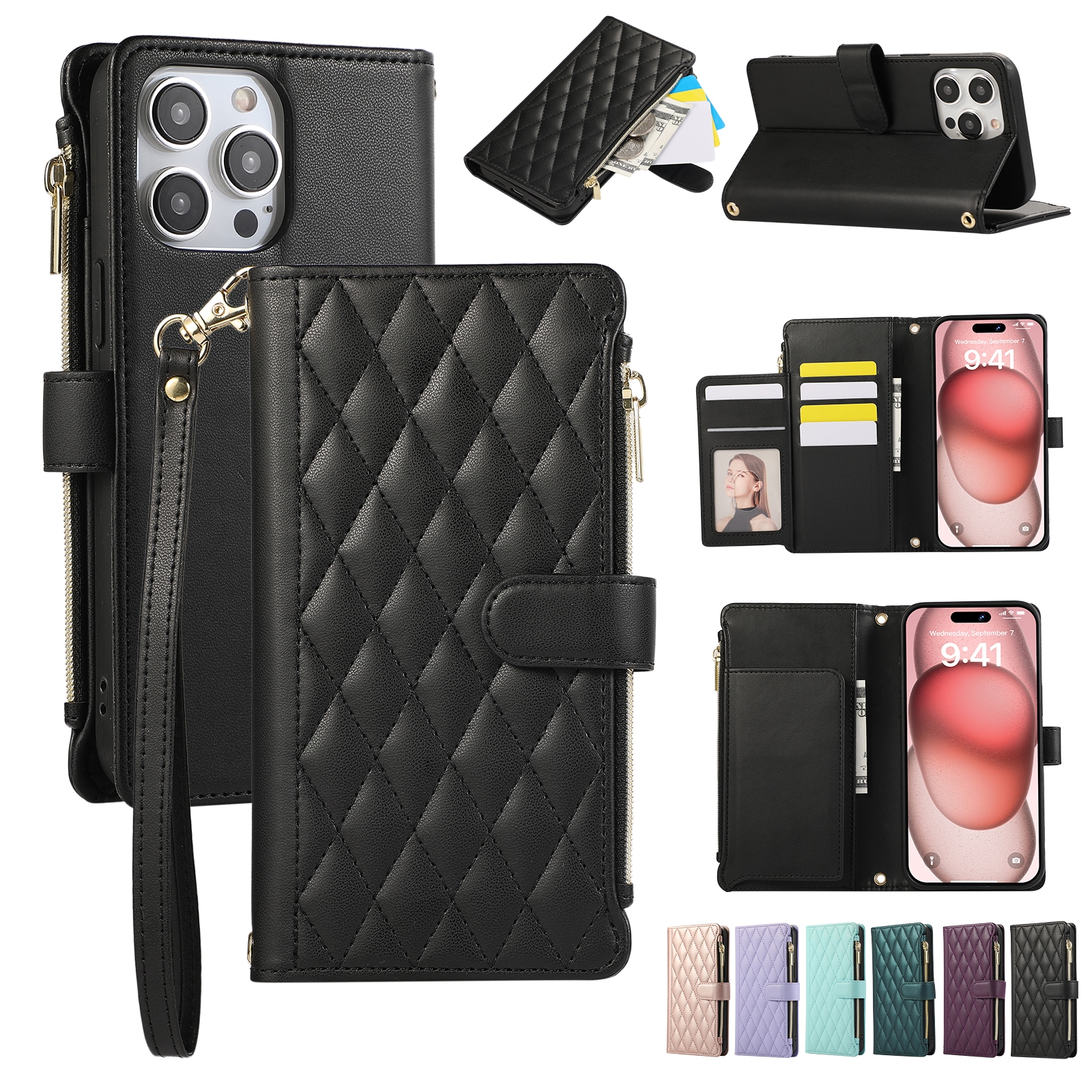 For iPhone 15 Pro Rhombic Zipper Wallet Leather Phone Case(Black) For iPhone 15 Pro Rhombic Zipper Wallet Leather Phone Case(Black)