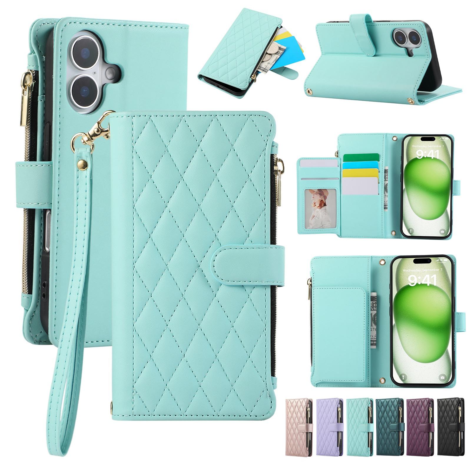 For iPhone 16 Plus Rhombic Zipper Wallet Leather Phone Case(Cyan) For iPhone 16 Plus Rhombic Zipper Wallet Leather Phone Case(Cyan)