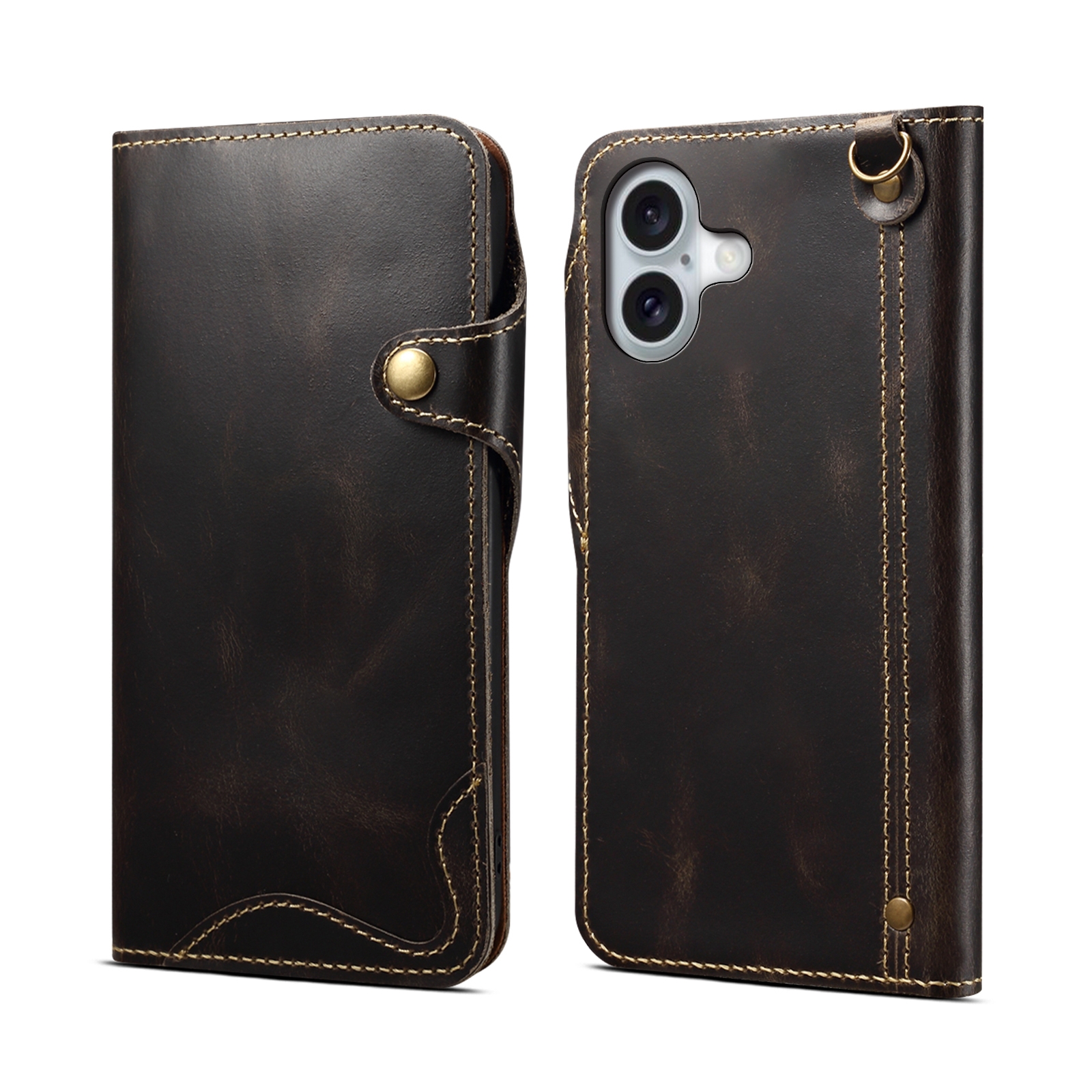 For iPhone 16 Denior B01 Oil Wax Cowhide Magnetic Button Genuine Leather Case(Black) For iPhone 16 Denior B01 Oil Wax Cowhide Magnetic Button Genuine Leather Case(Black)