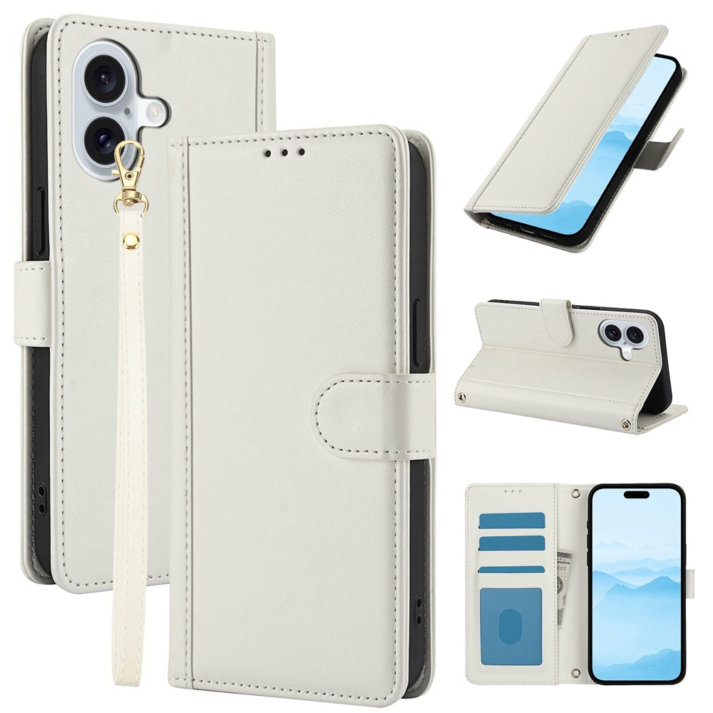 For iPhone 16 Plus Skin Feel Pure Color Card Slots Leather Phone Case with Dual Lanyard(White) For iPhone 16 Plus Skin Feel Pure Color Card Slots Leather Phone Case with Dual Lanyard(White)