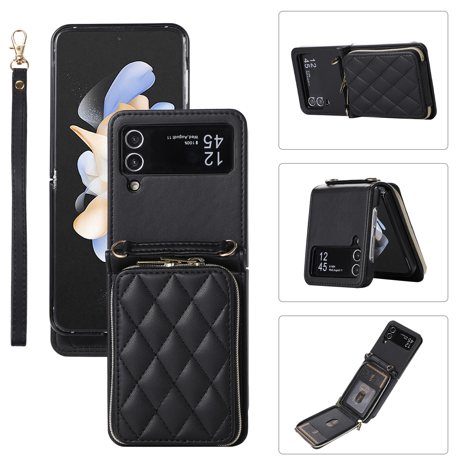 For Samsung Galaxy Z Flip4 Rhombic Full Zipper Wallet Leather Phone Case(Black) For Samsung Galaxy Z Flip4 Rhombic Full Zipper Wallet Leather Phone Case(Black)