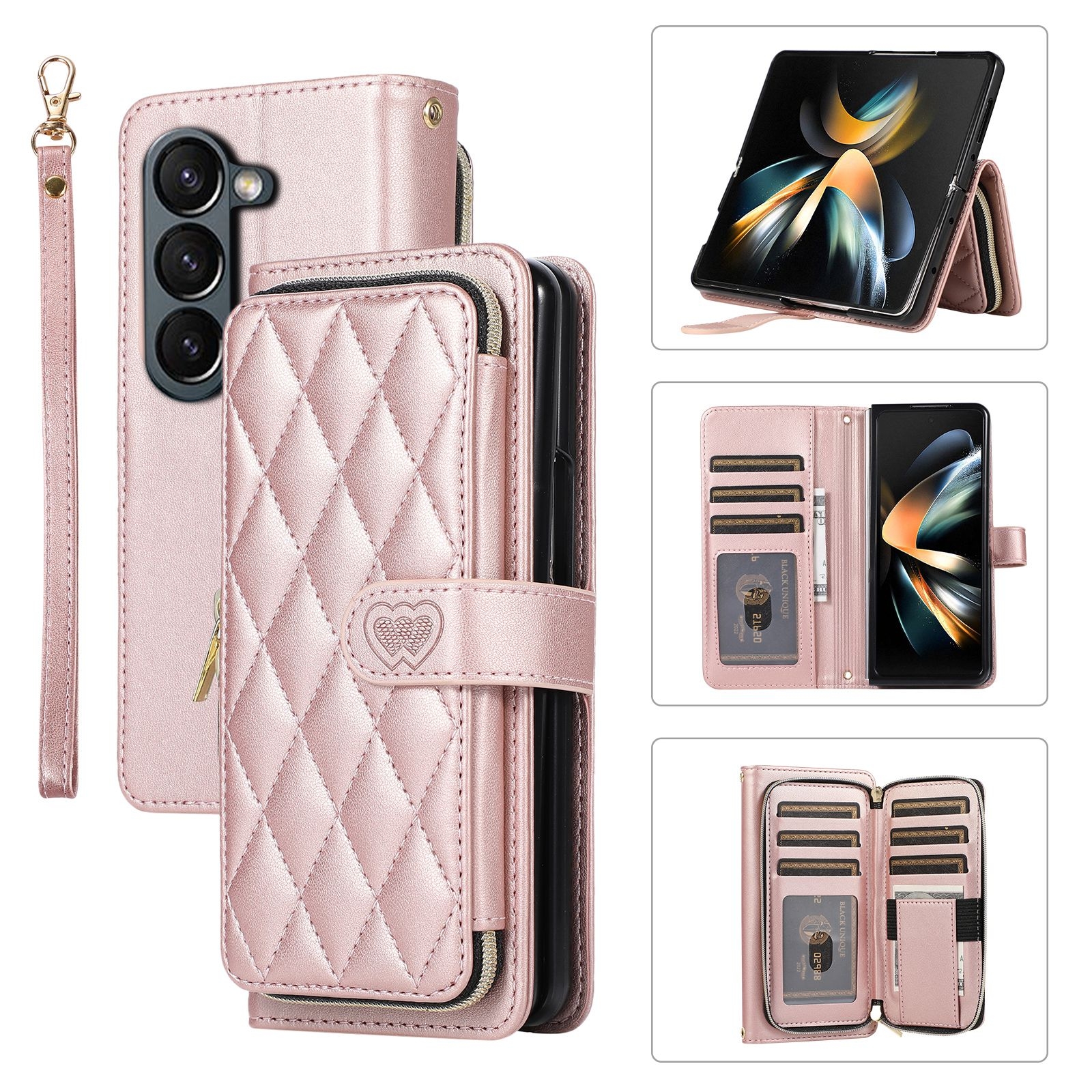 For Samsung Galaxy Z Fold5 Rhombic Full Zipper Wallet Leather Phone Case(Rose Gold) For Samsung Galaxy Z Fold5 Rhombic Full Zipper Wallet Leather Phone Case(Rose Gold)