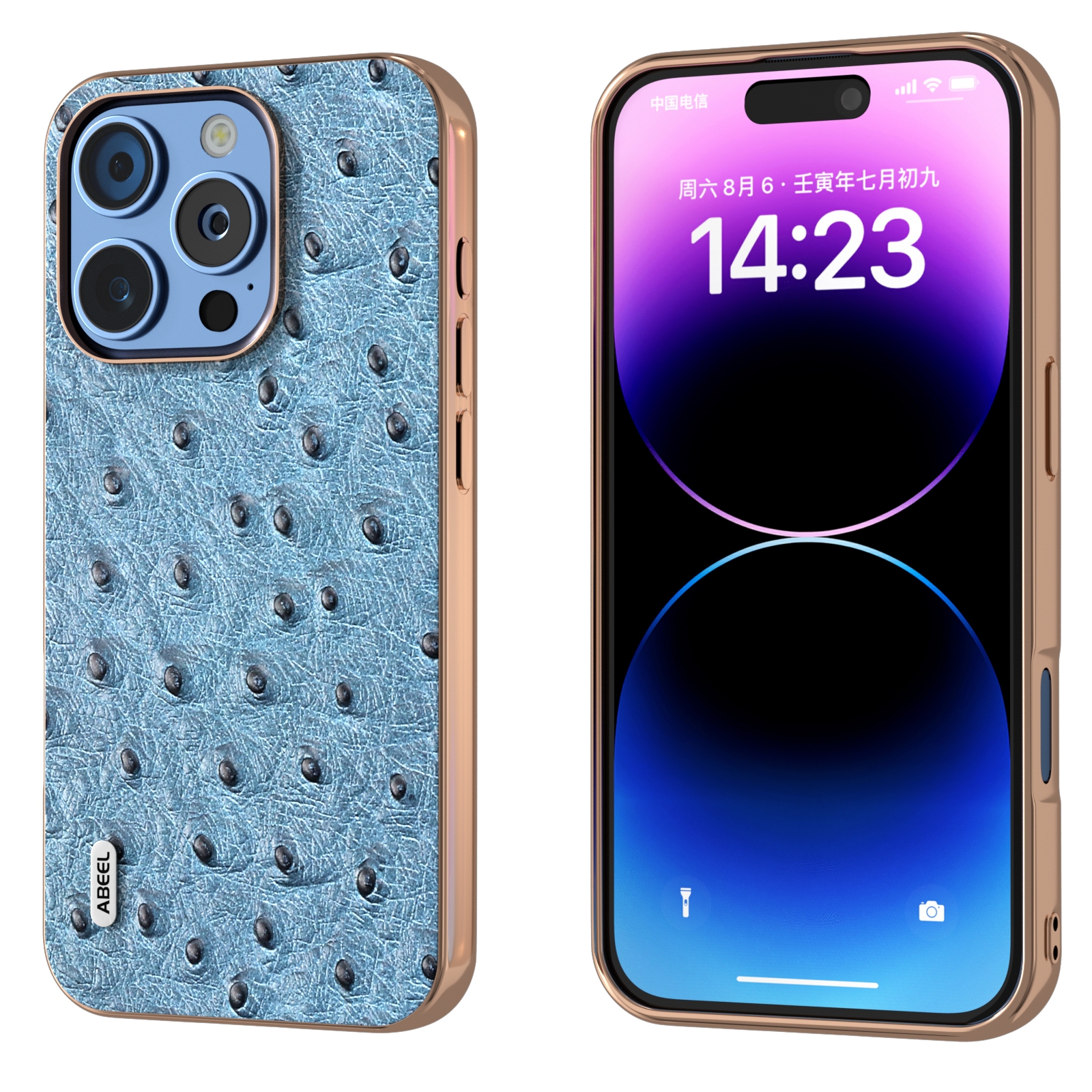 For iPhone 16 Pro ABEEL Electroplating Frame Genuine Leather Ostrich Texture Phone Case(Dark Blue) For iPhone 16 Pro ABEEL Electroplating Frame Genuine Leather Ostrich Texture Phone Case(Dark Blue)