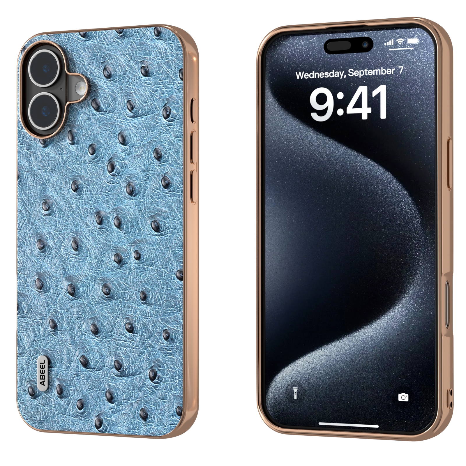 For iPhone 16 ABEEL Electroplating Frame Genuine Leather Ostrich Texture Phone Case(Dark Blue) For iPhone 16 ABEEL Electroplating Frame Genuine Leather Ostrich Texture Phone Case(Dark Blue)