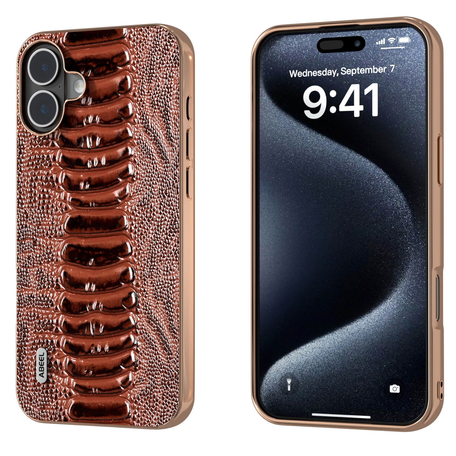 For iPhone 16 ABEEL Electroplating Frame Genuine Leather Weilai Series Phone Case(Coffee) For iPhone 16 ABEEL Electroplating Frame Genuine Leather Weilai Series Phone Case(Coffee)